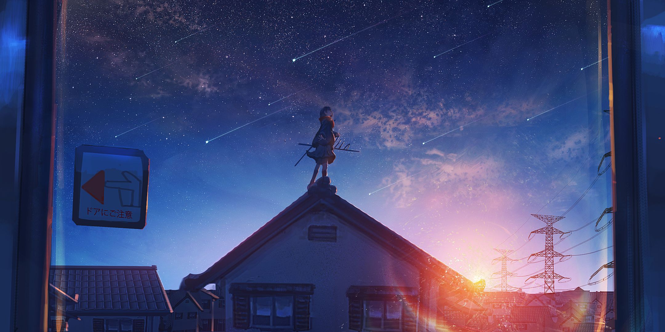 anime, original, shooting star, starry sky, sunset cellphone