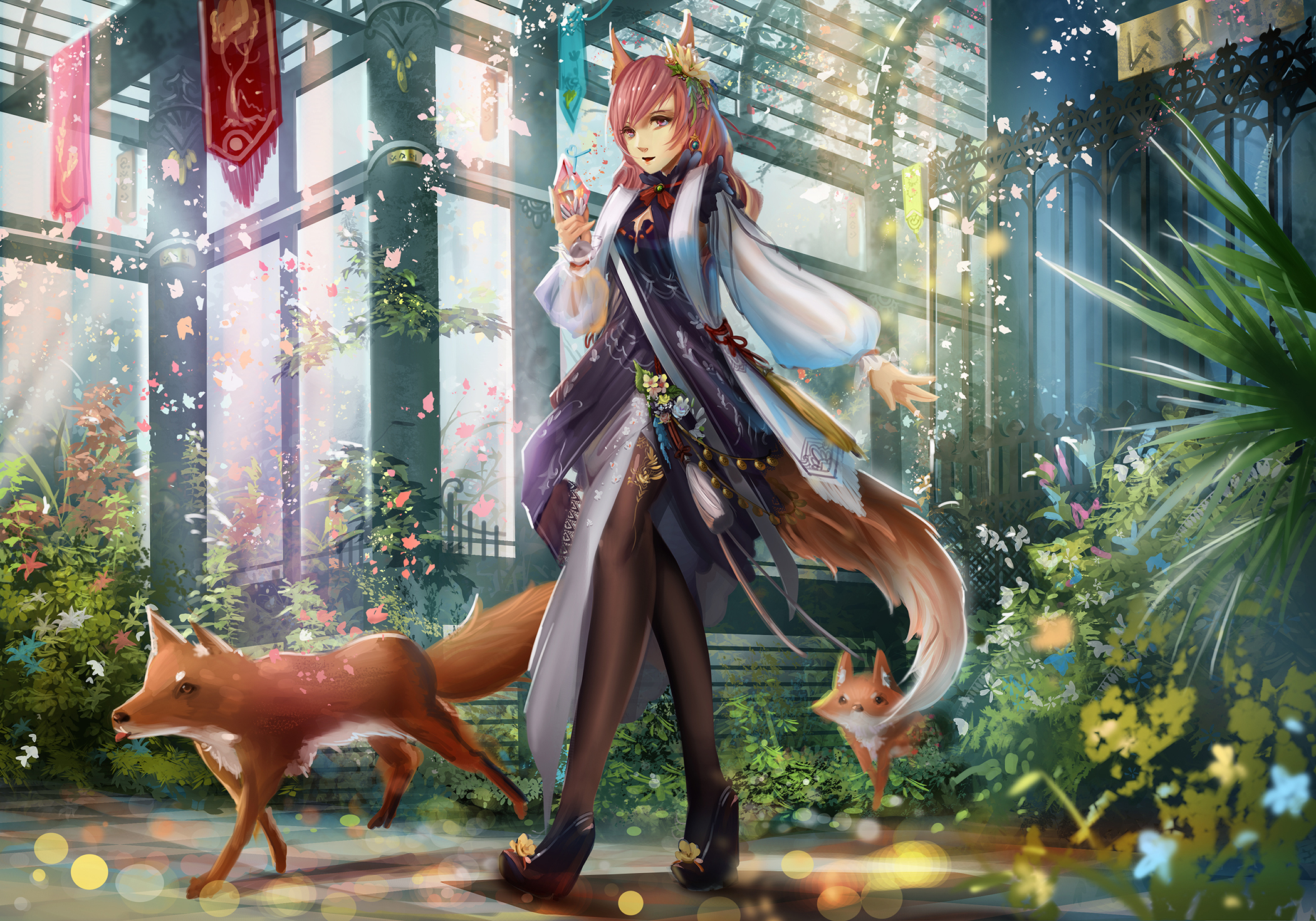 anime art, 1girl, fox ears, happy face, fox tail, or... | OpenArt