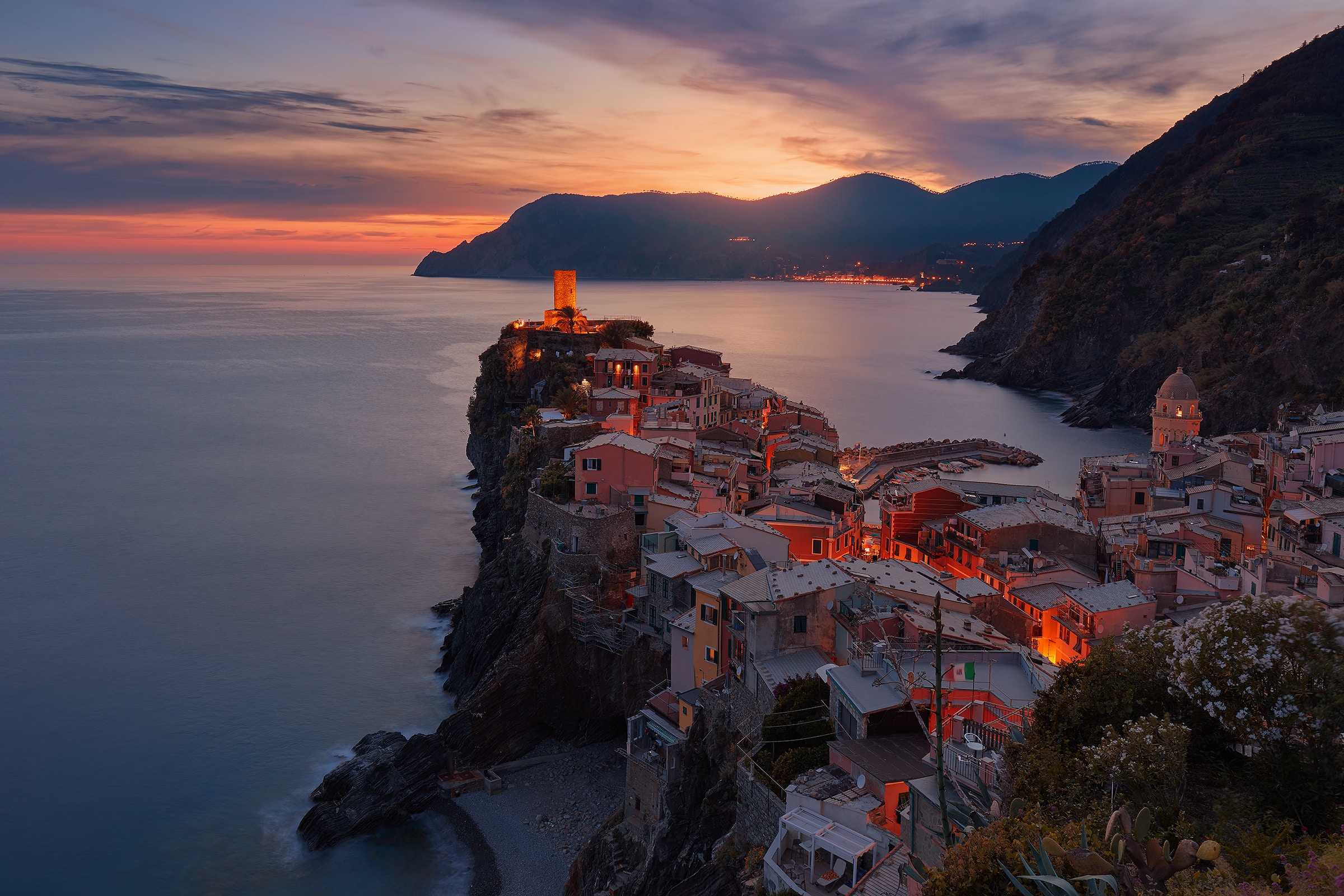 mountains, italy, cities, sunset, sea, buildings, vernazza