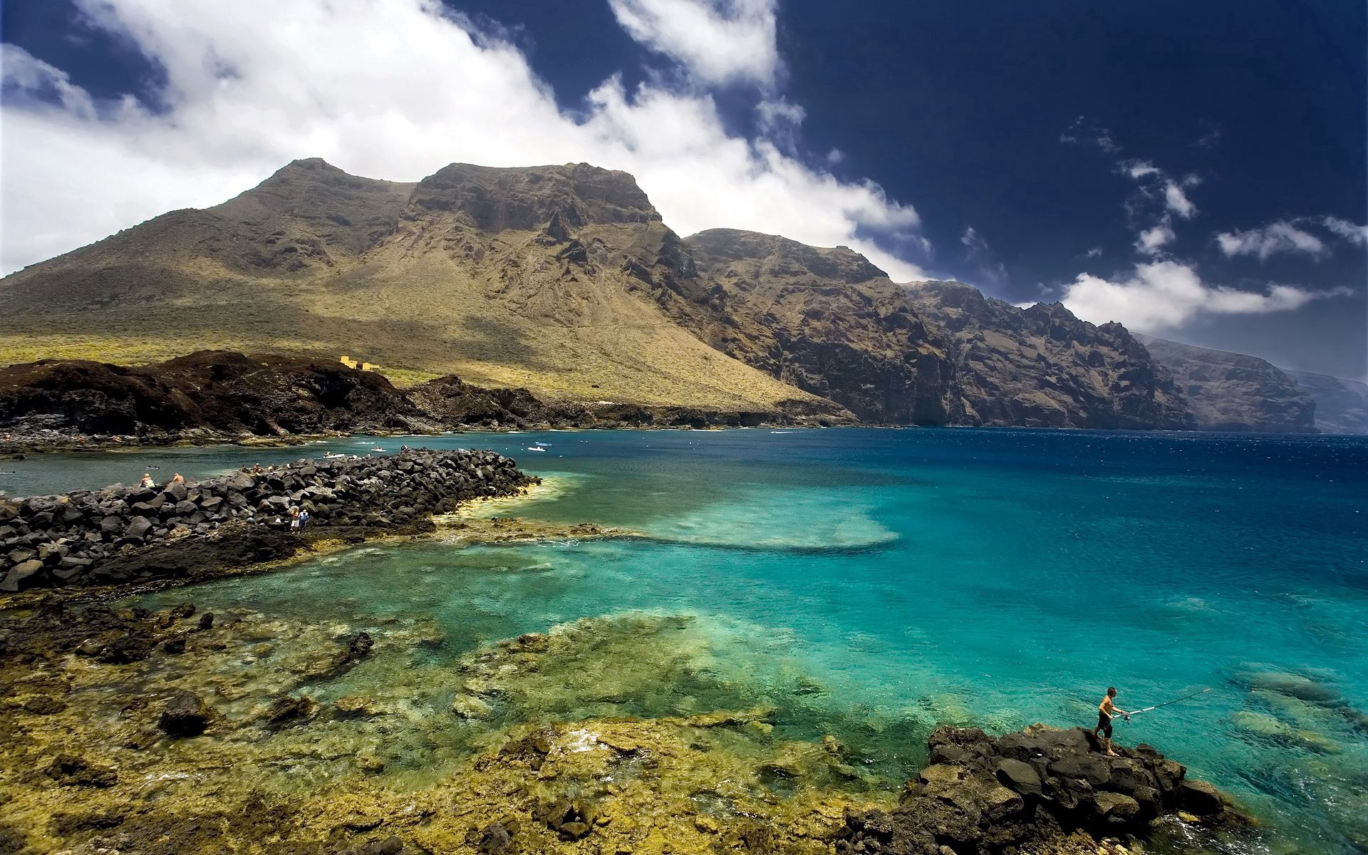 tenerife, fisherman, nature, stones, sky, mountains, clouds, bay, spain, clear, i see