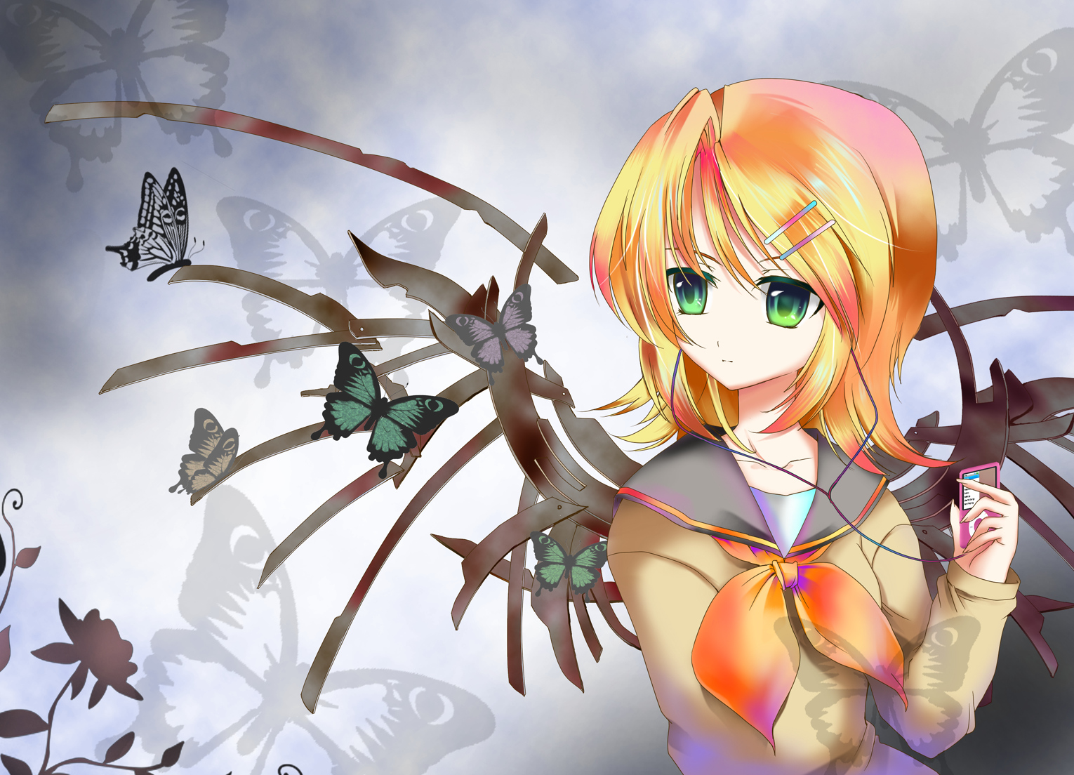 butterfly, anime, vocaloid, blonde, flower, green eyes, headphones, ipod, rin kagamine, wings QHD