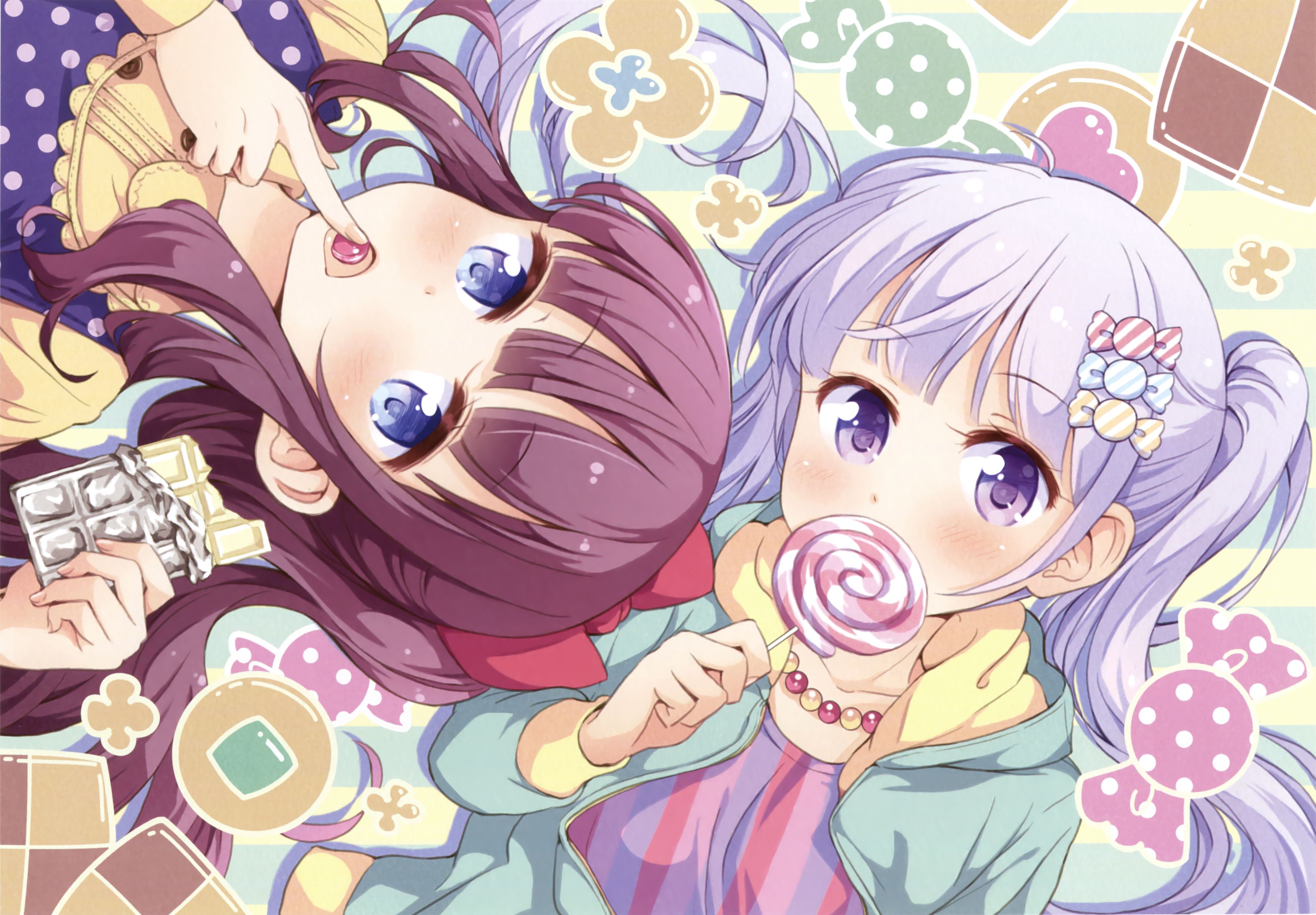 anime, new game!, aoba suzukaze, blue eyes, blush, hifumi takimoto, lollipop, purple eyes 4K