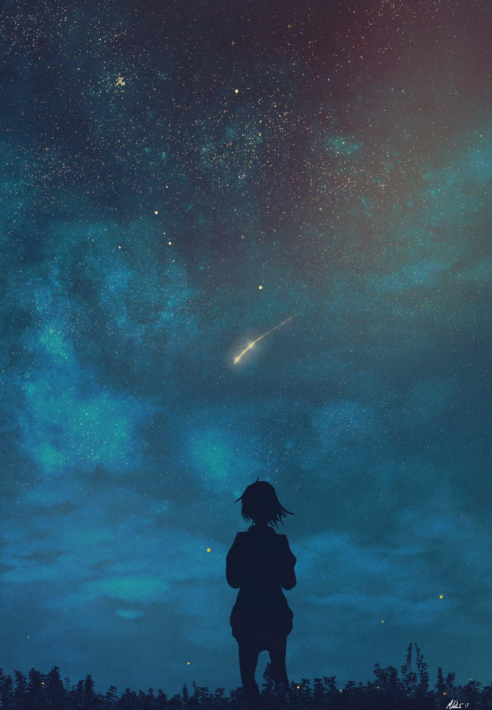 Download mobile wallpaper Loneliness, Starry Sky, Child, Silhouette, Night, Dark for free.