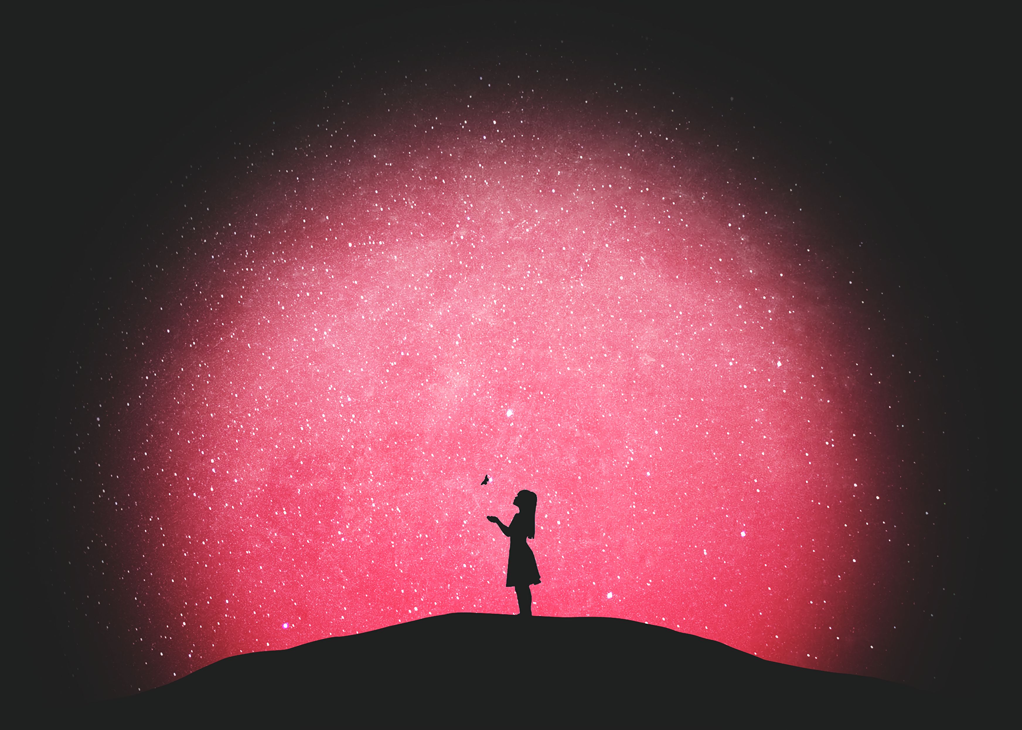 girl, butterfly, silhouette, vector, loneliness, starry sky Full HD