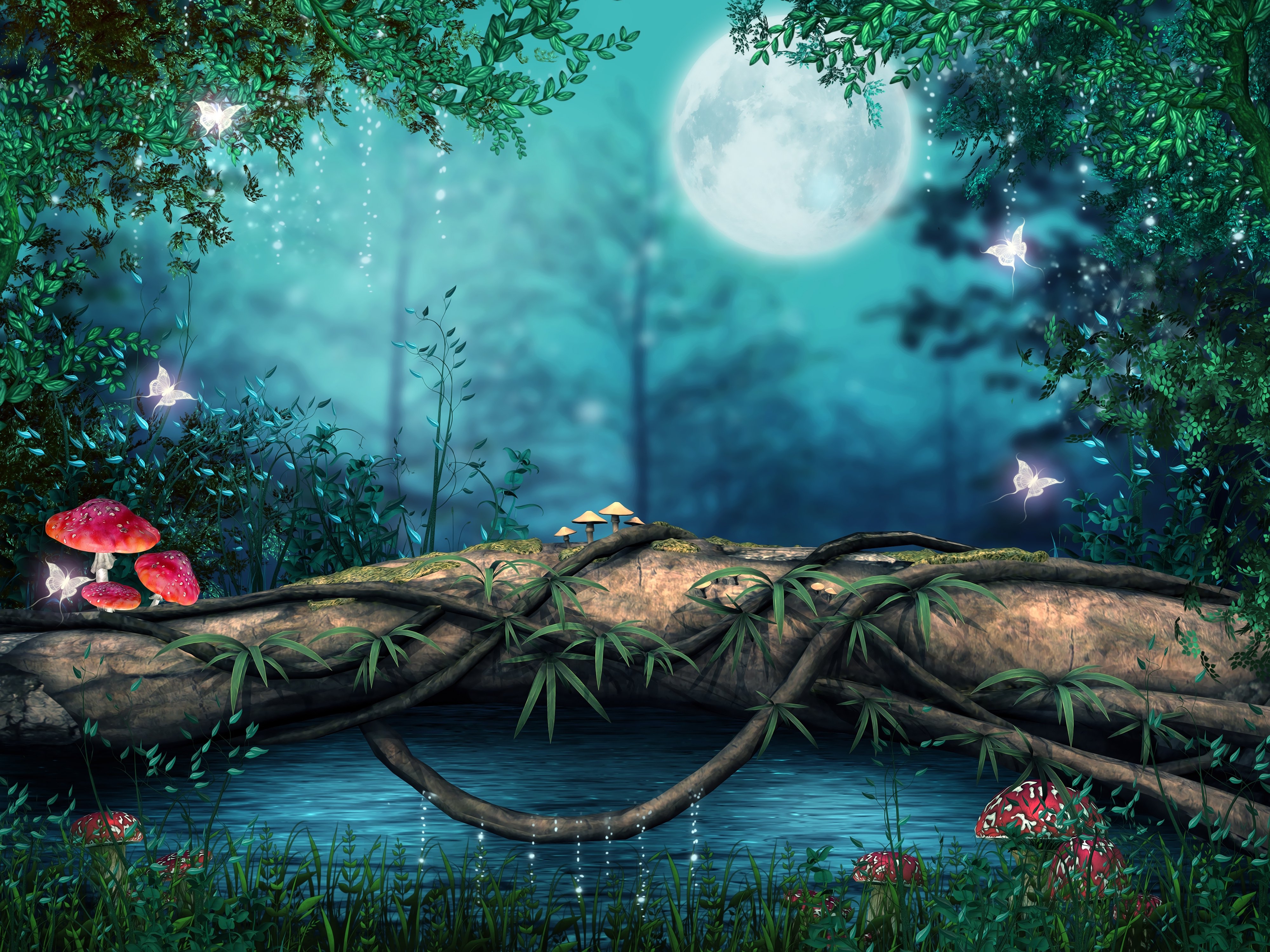 moon, butterfly, mystic, fantasy, forest, log, mushroom