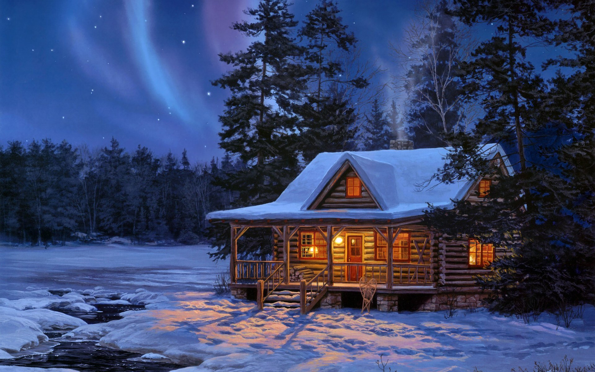 cabin, winter, snow, artistic, dusk, stars, tree HD for desktop 1080p