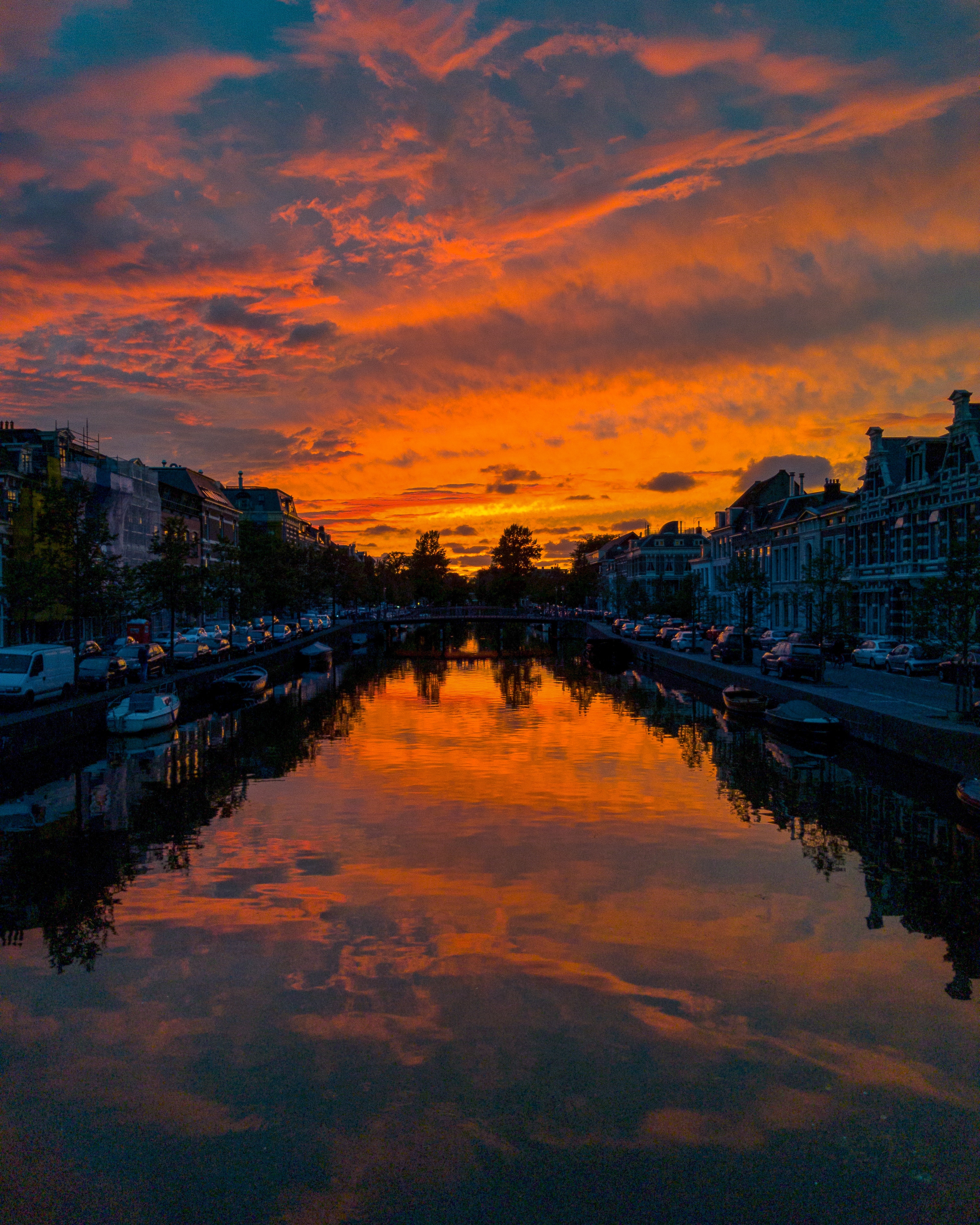 cities, rivers, sunset, city, netherlands, channel
