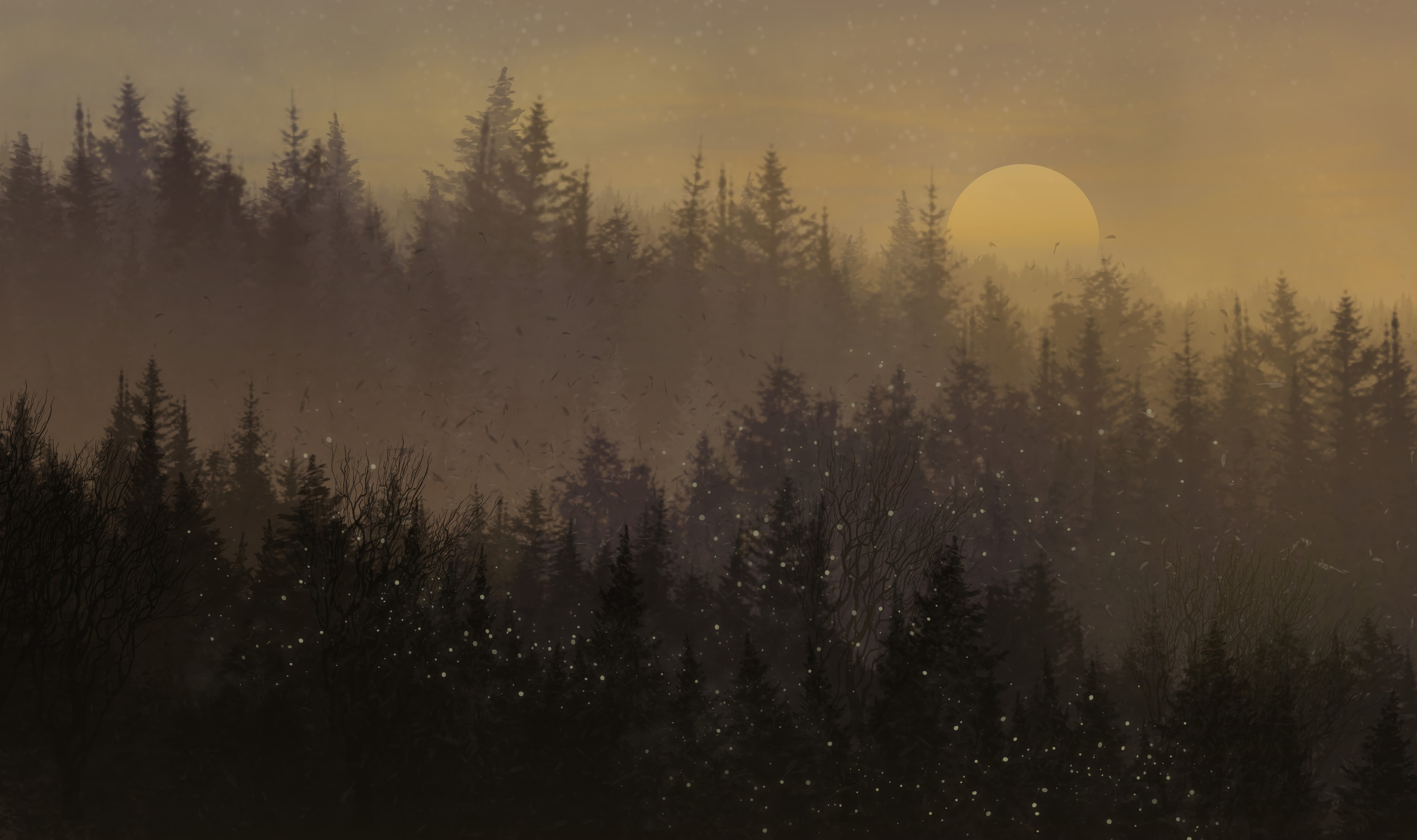 moon, trees, art, snow, forest