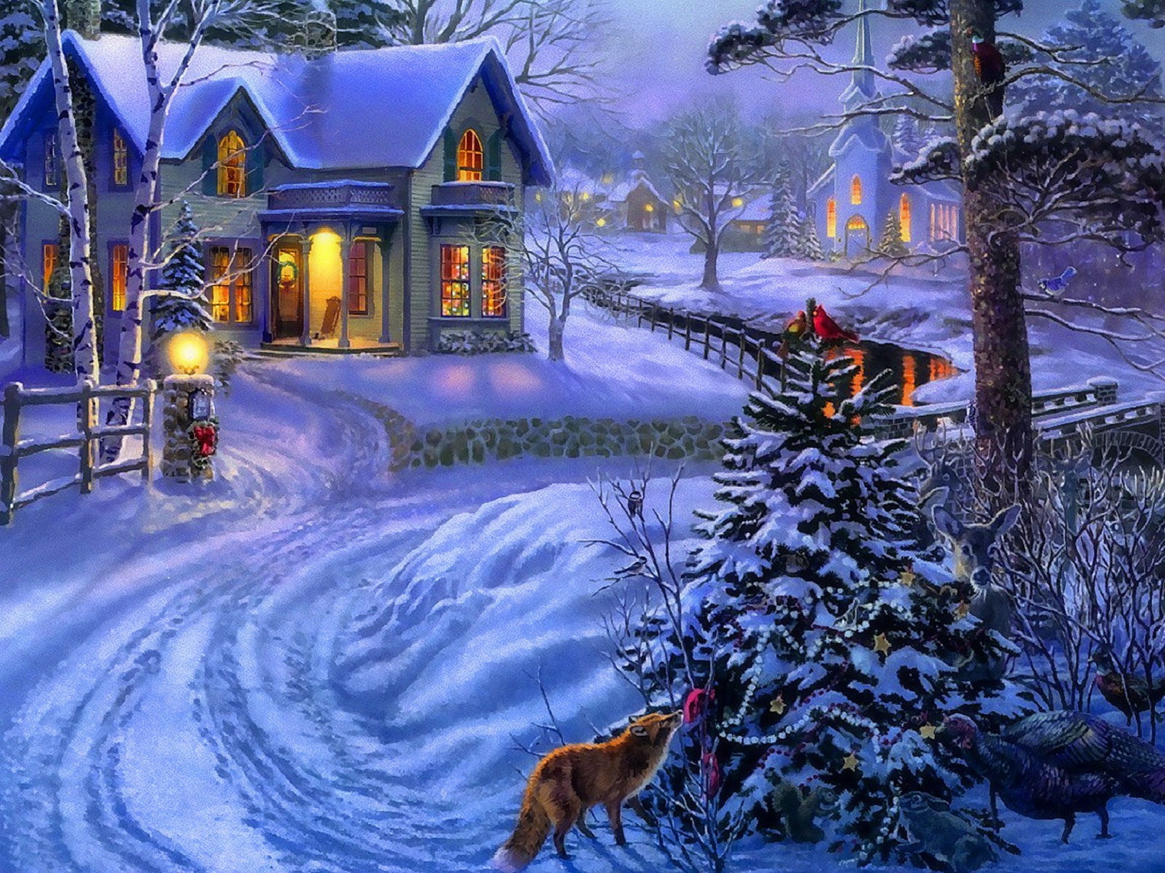 Free download wallpaper Winter, Snow, Tree, House, Street, Artistic on your PC desktop
