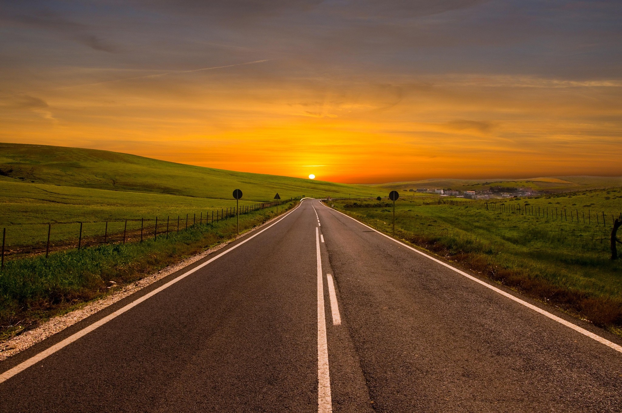 nature, road, sky, sunset, markup, bend QHD