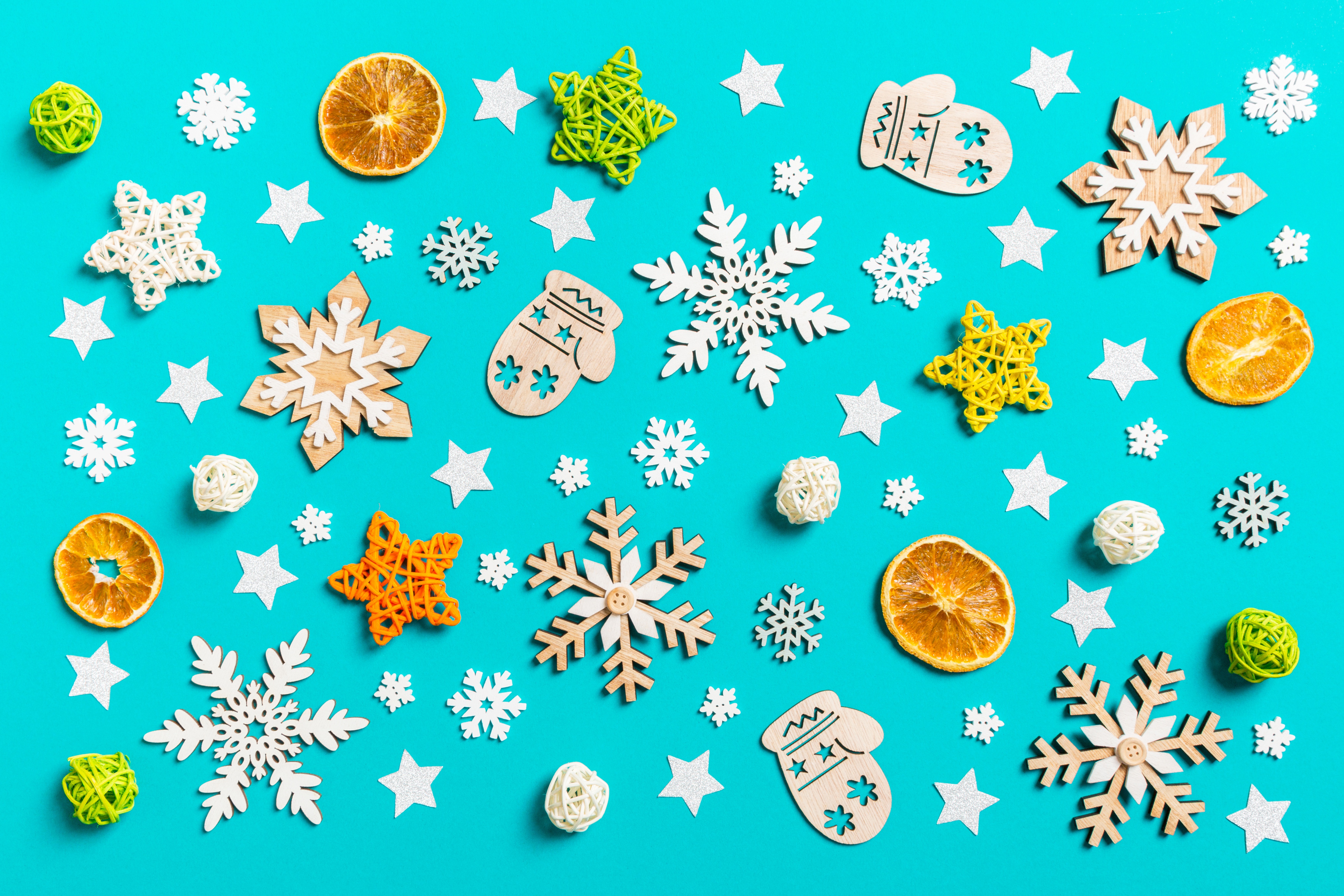 holiday, christmas, snowflake, star, tangerine HD wallpaper