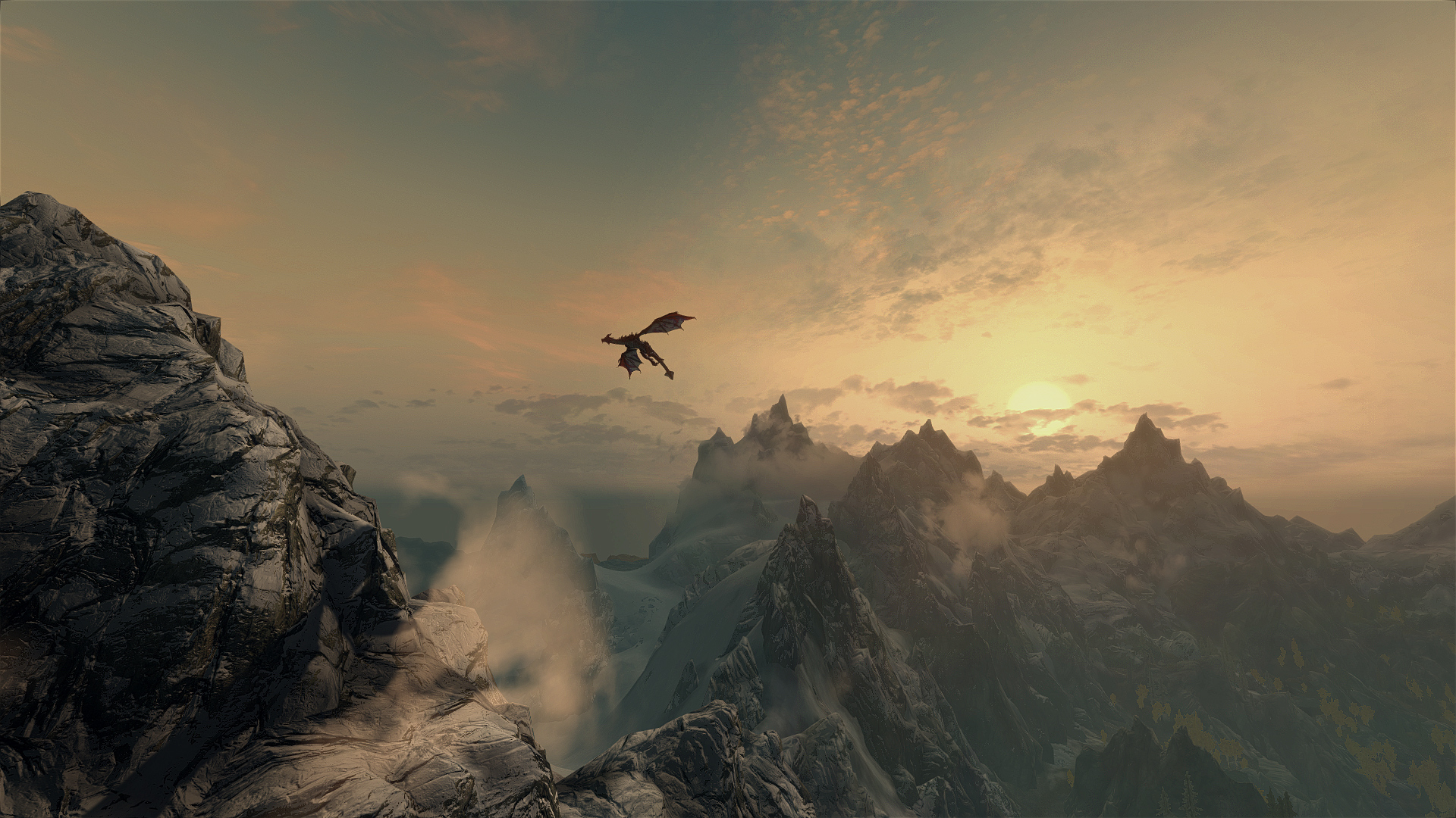 fantasy, dragons, mountains, sunset Full HD