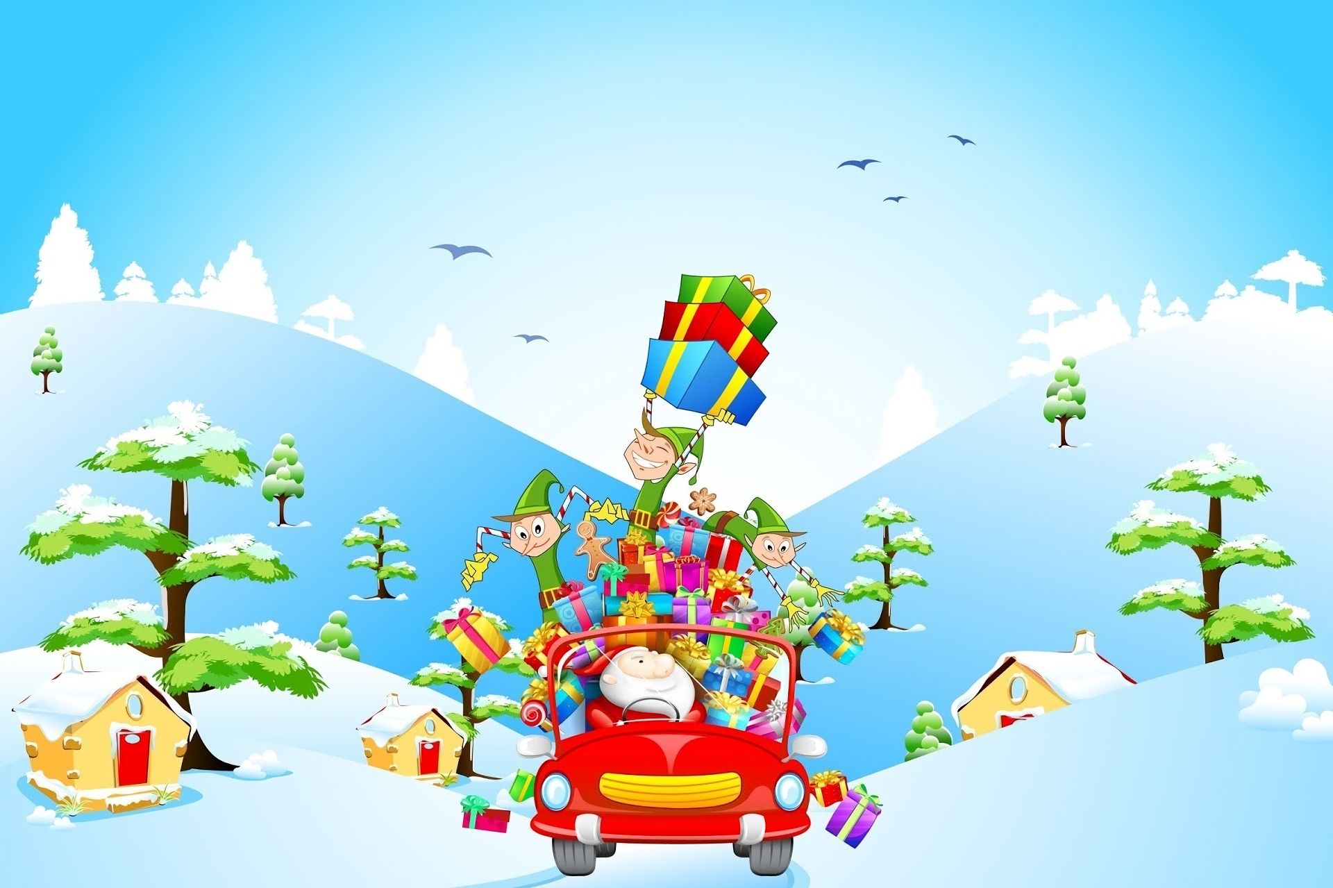 holiday, christmas, bird, car, elf, gift, house, santa claus, snow, winter