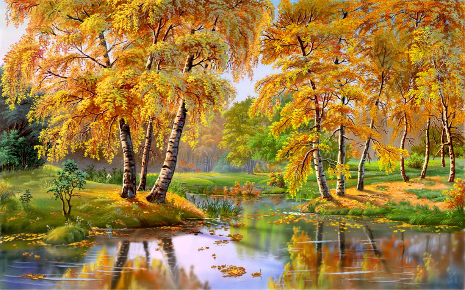 birch, painting, artistic, fall, pond, tree HD wallpaper