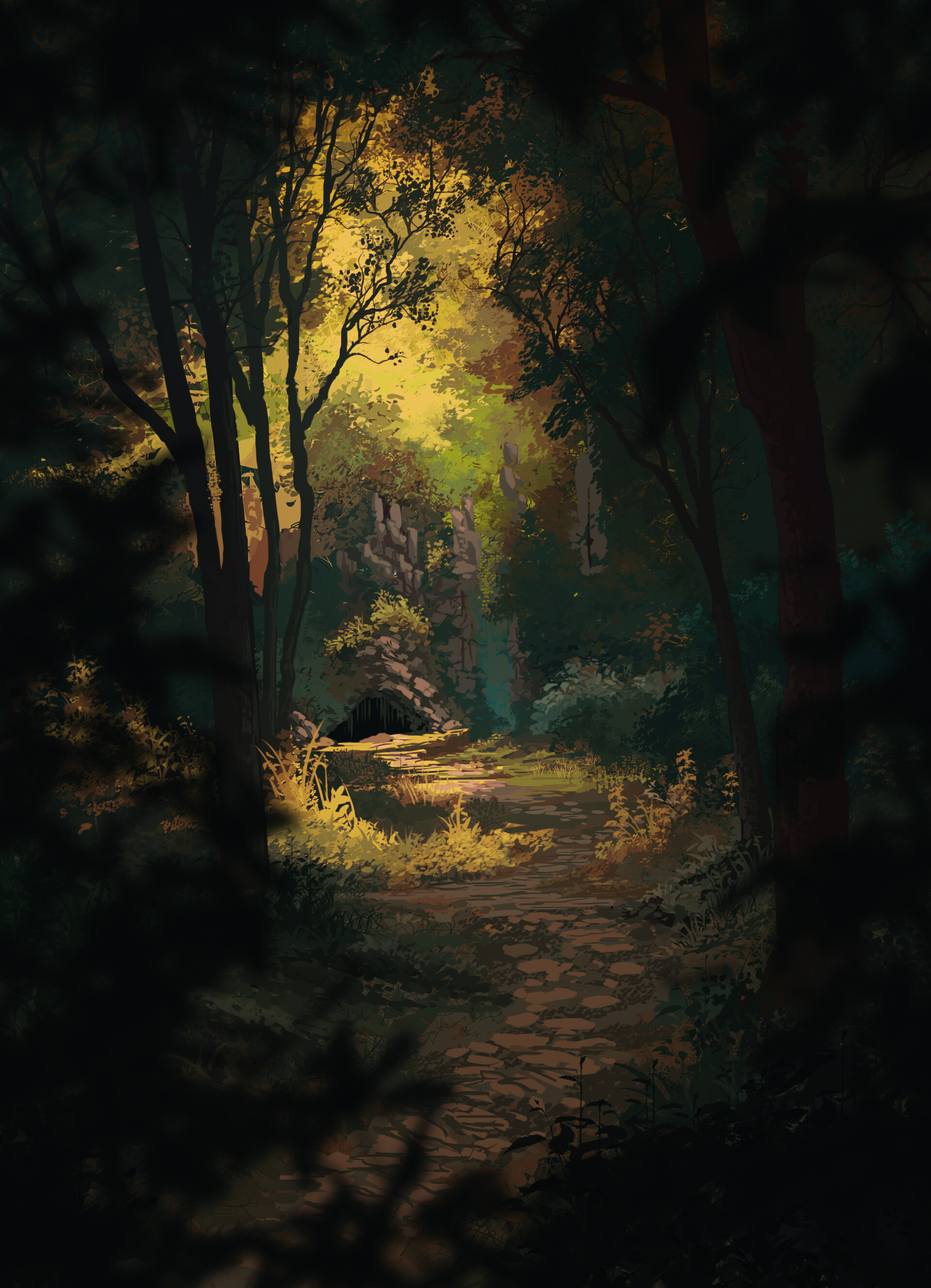 art, forest, path, cave