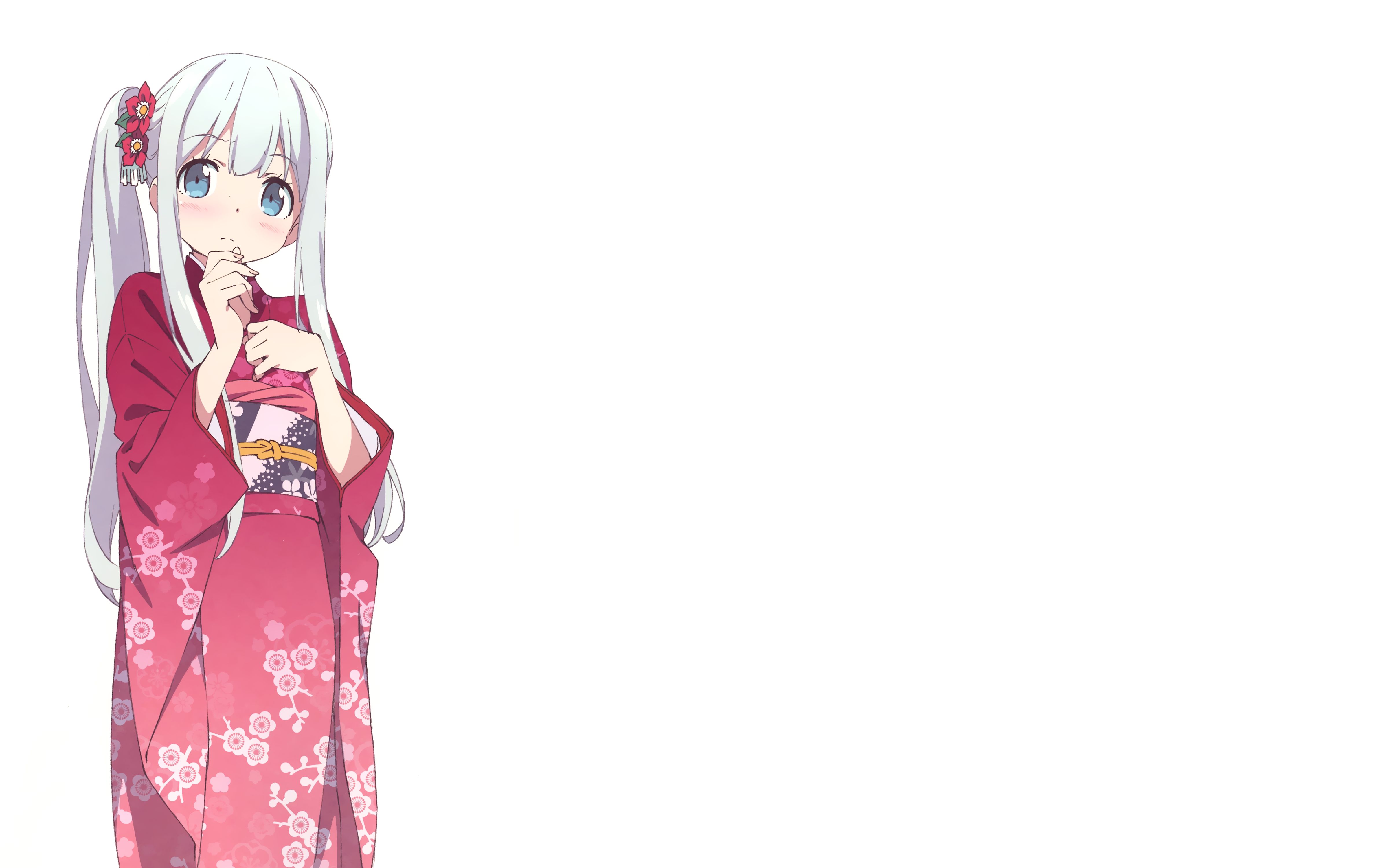 anime, eromanga sensei, blue eyes, blush, kimono, long hair, sagiri izumi, white hair mobile wallpaper