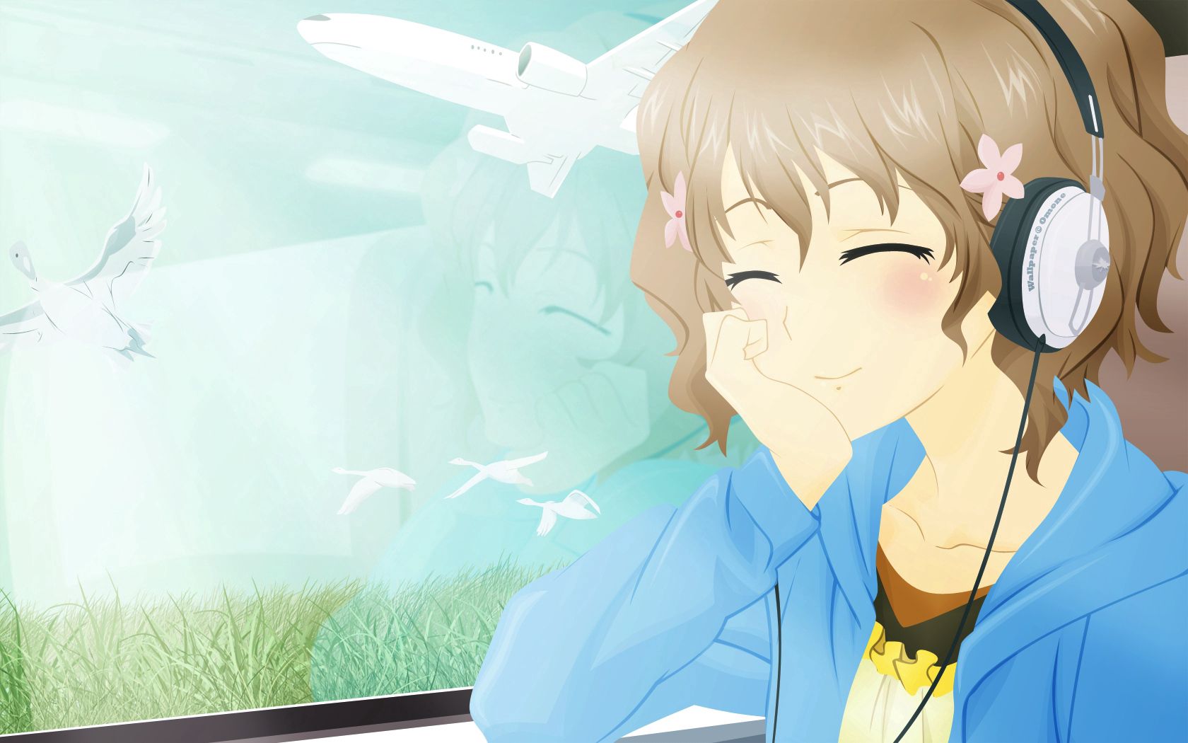 Download mobile wallpaper Bird, Airplane, Pretty, Girl, Smile, Plane, Anime for free.