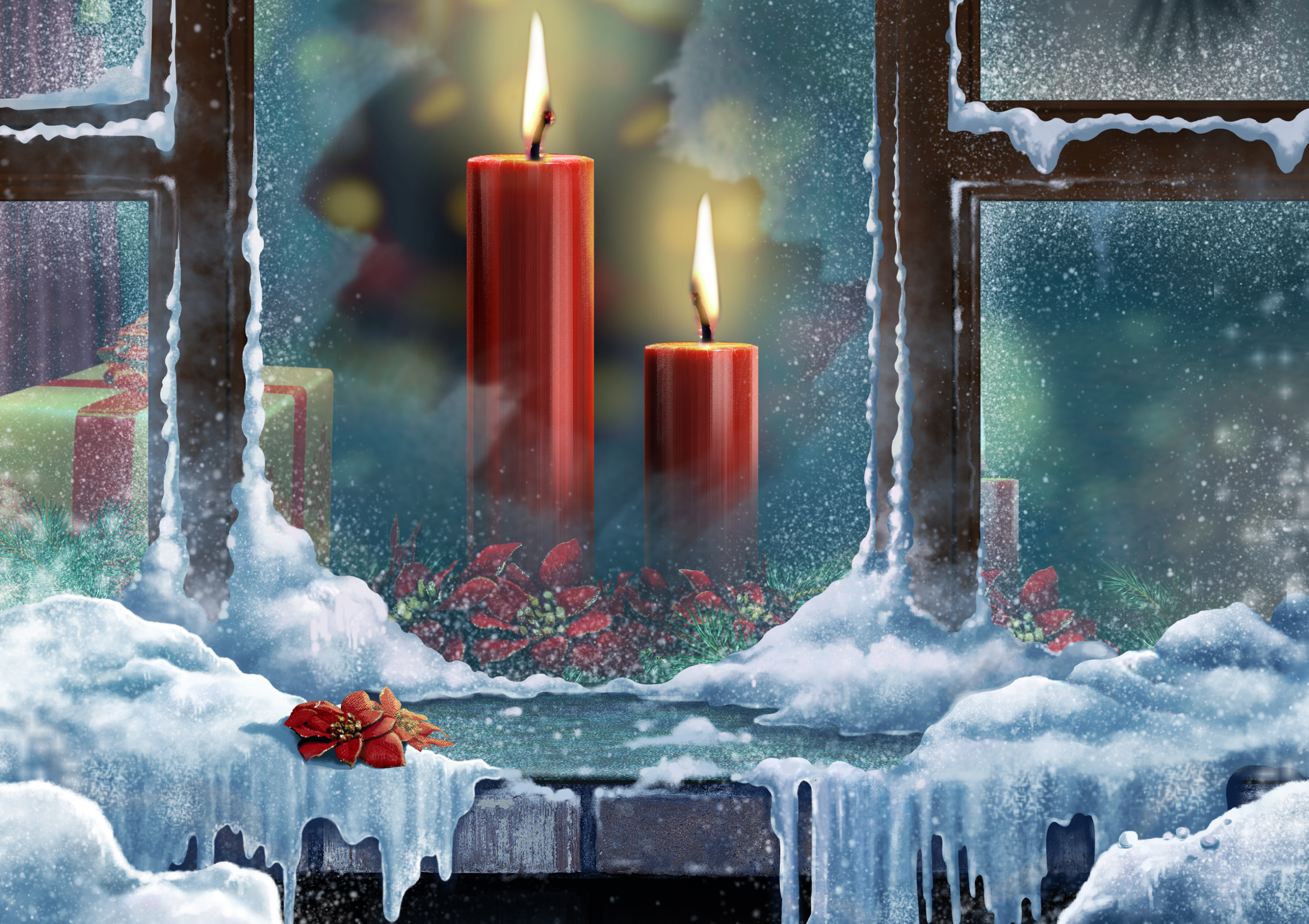 217372 免費下載壁紙 节日, 圣诞节, 蜡烛, 礼物, 雪, 窗户 屏保和圖片