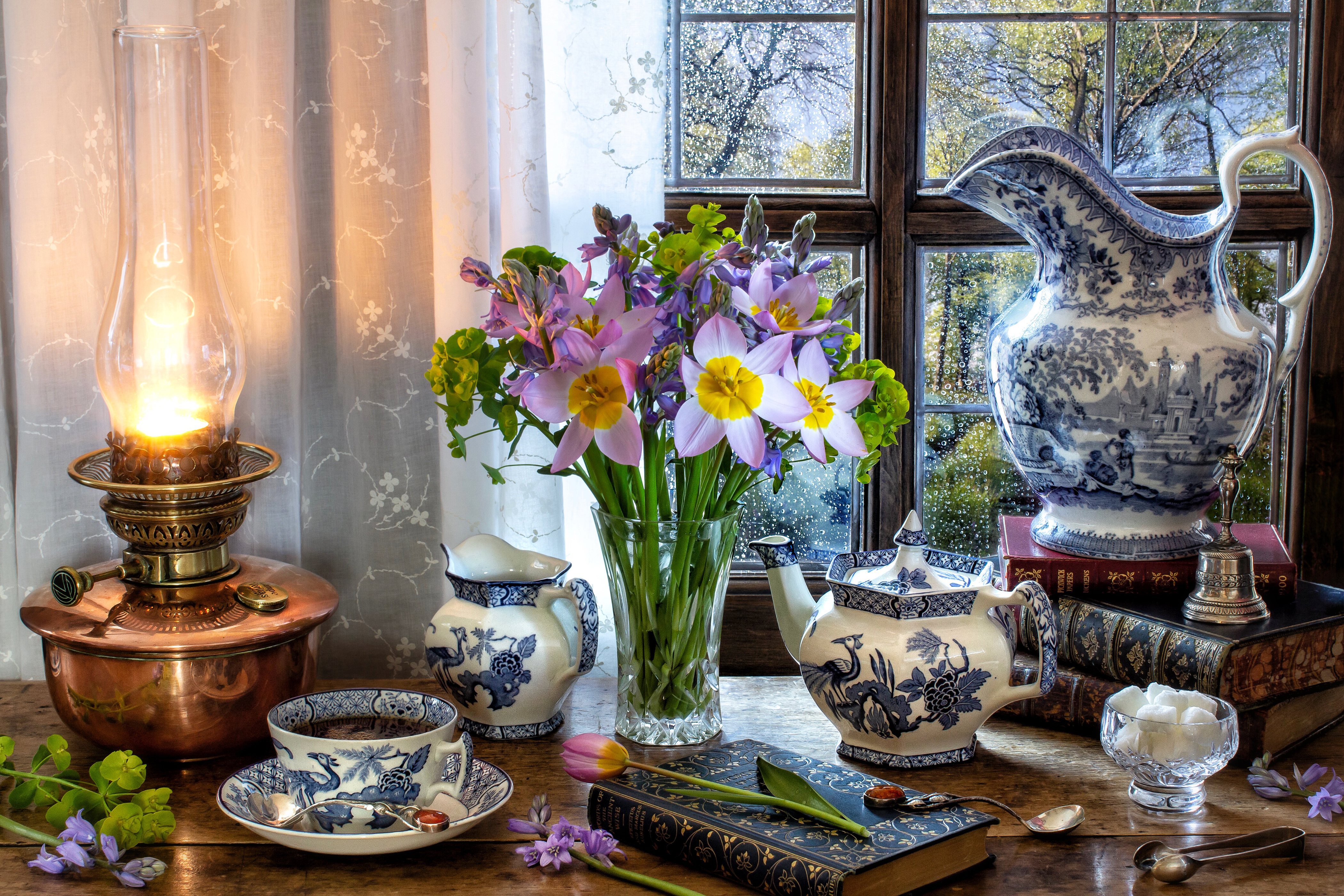 wallpapers photography, still life, book, flower, kerosene lamp, teacup, teapot, vase, window