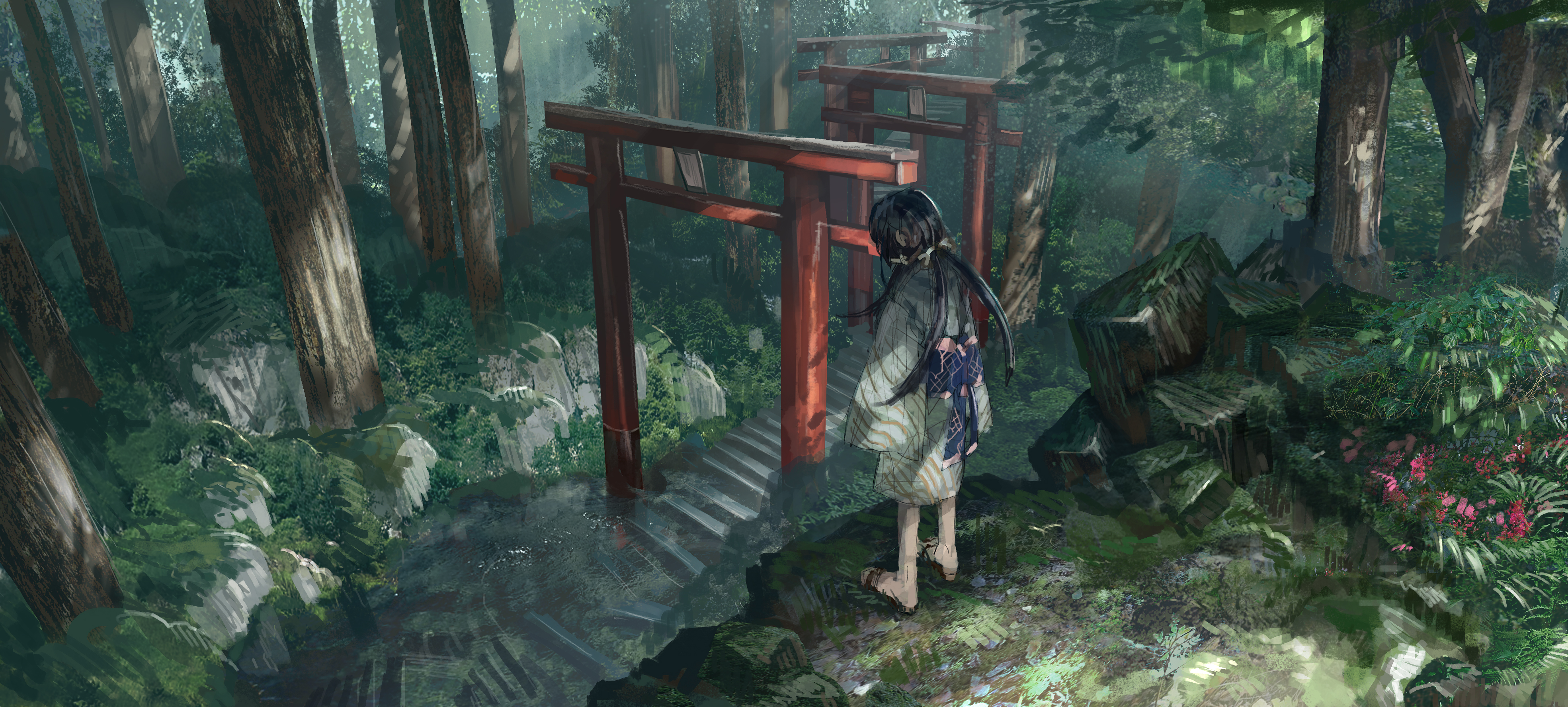 996008 descargar fondo de pantalla animado, santuario, bosque, ropa japonesa, escalera, torii: protectores de pantalla e imágenes gratis