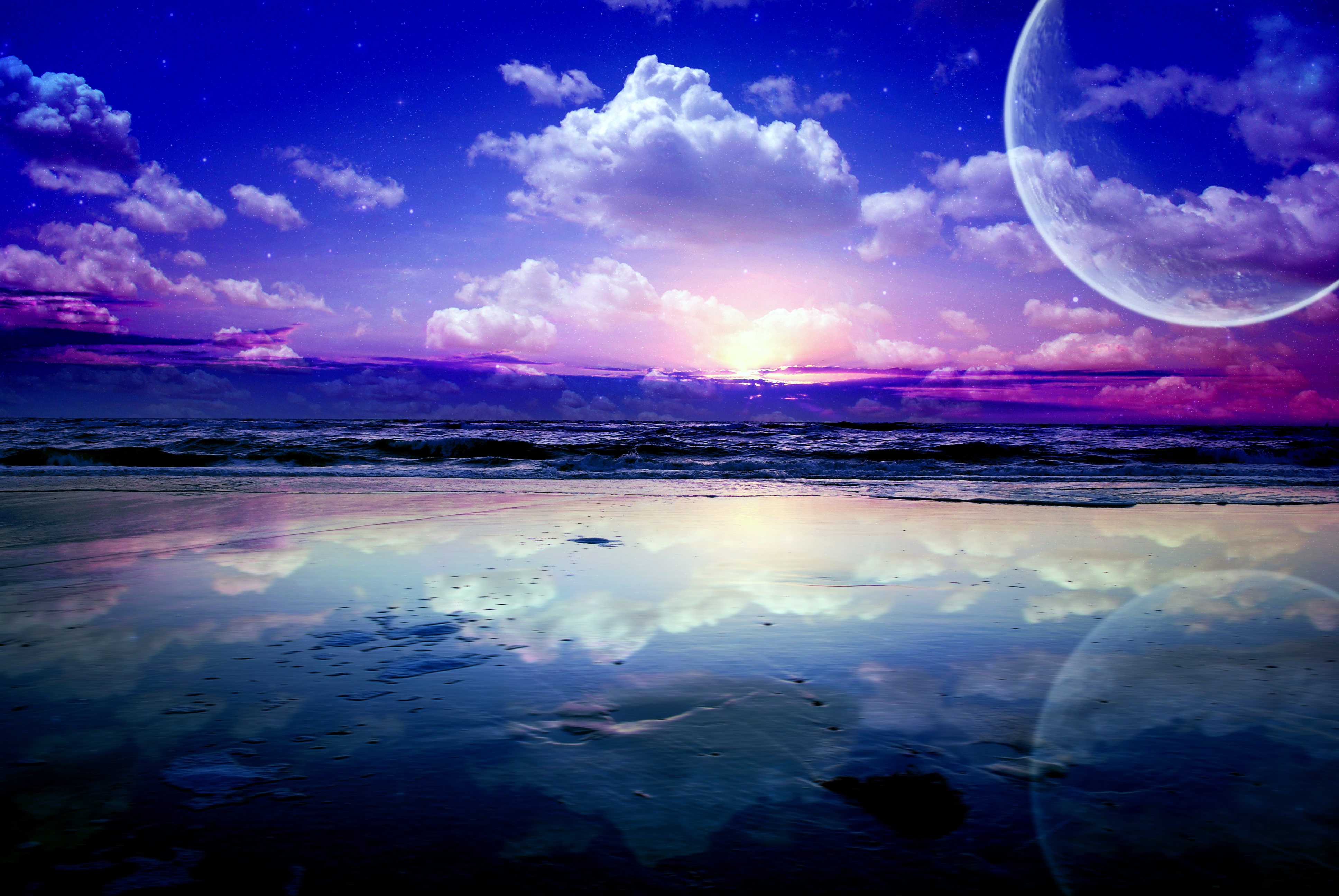 Заставка на телефон ночь. Космический пейзаж. Море и космос. Волшебный закат. Фантастическое море.