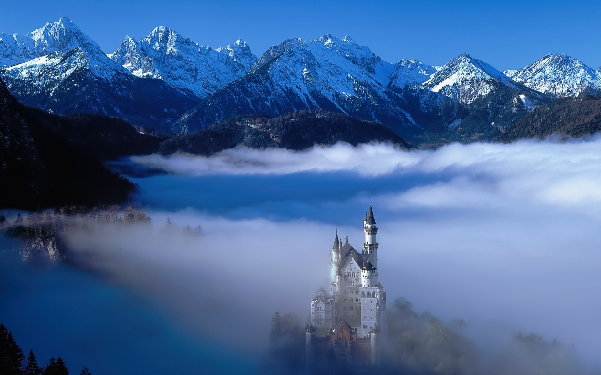 man made, neuschwanstein castle, fog, mountain, castles Full HD