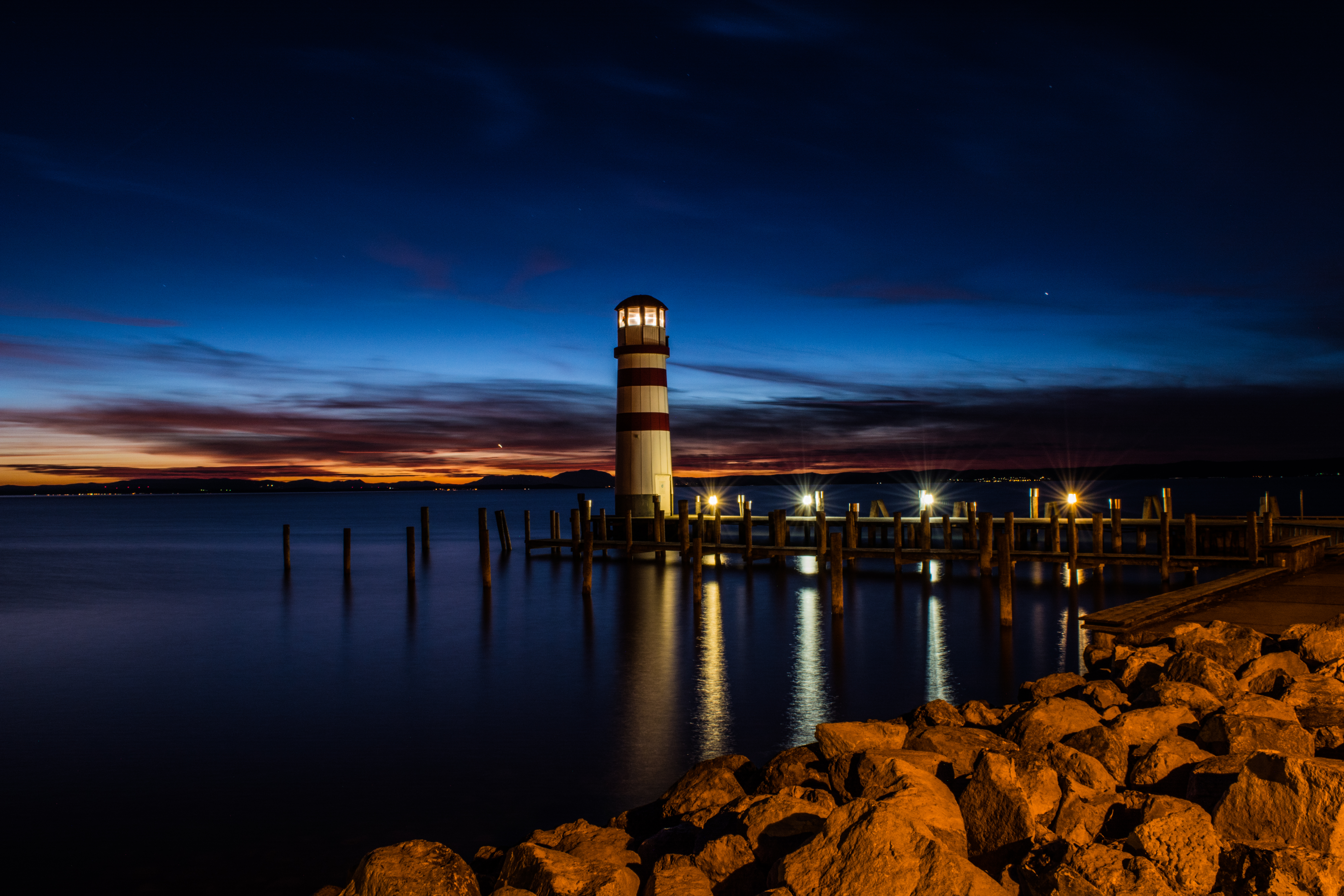 reflection, night, coast, nature, lighthouse 8K