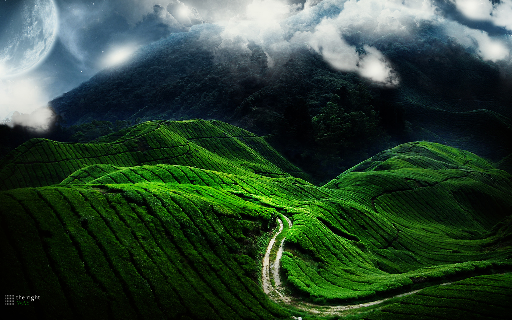 hill, landscape, green, man made, moon, road wallpapers for tablet
