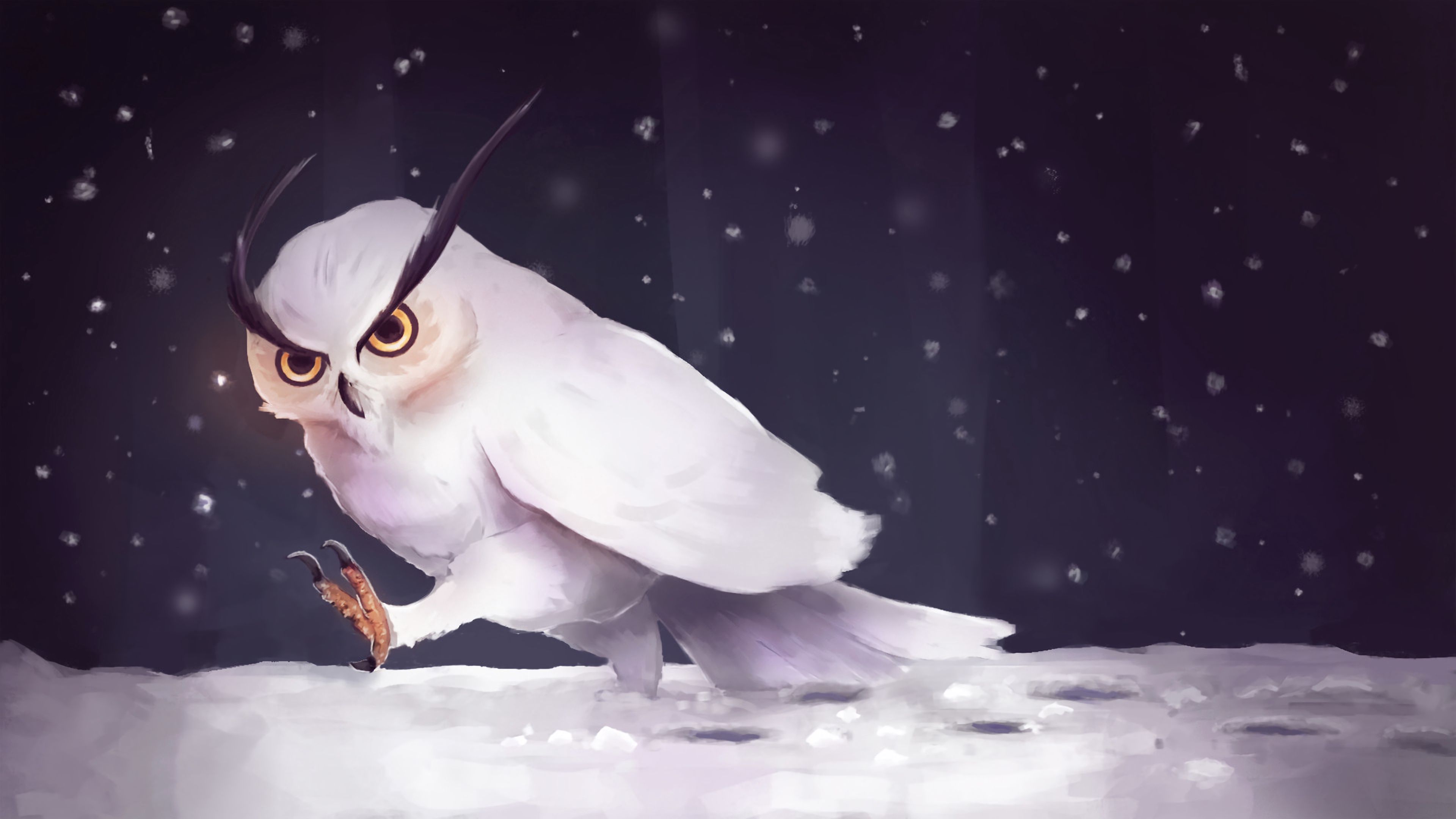 Download mobile wallpaper Snowfall, Steps, Snow, Art, Owl for free.