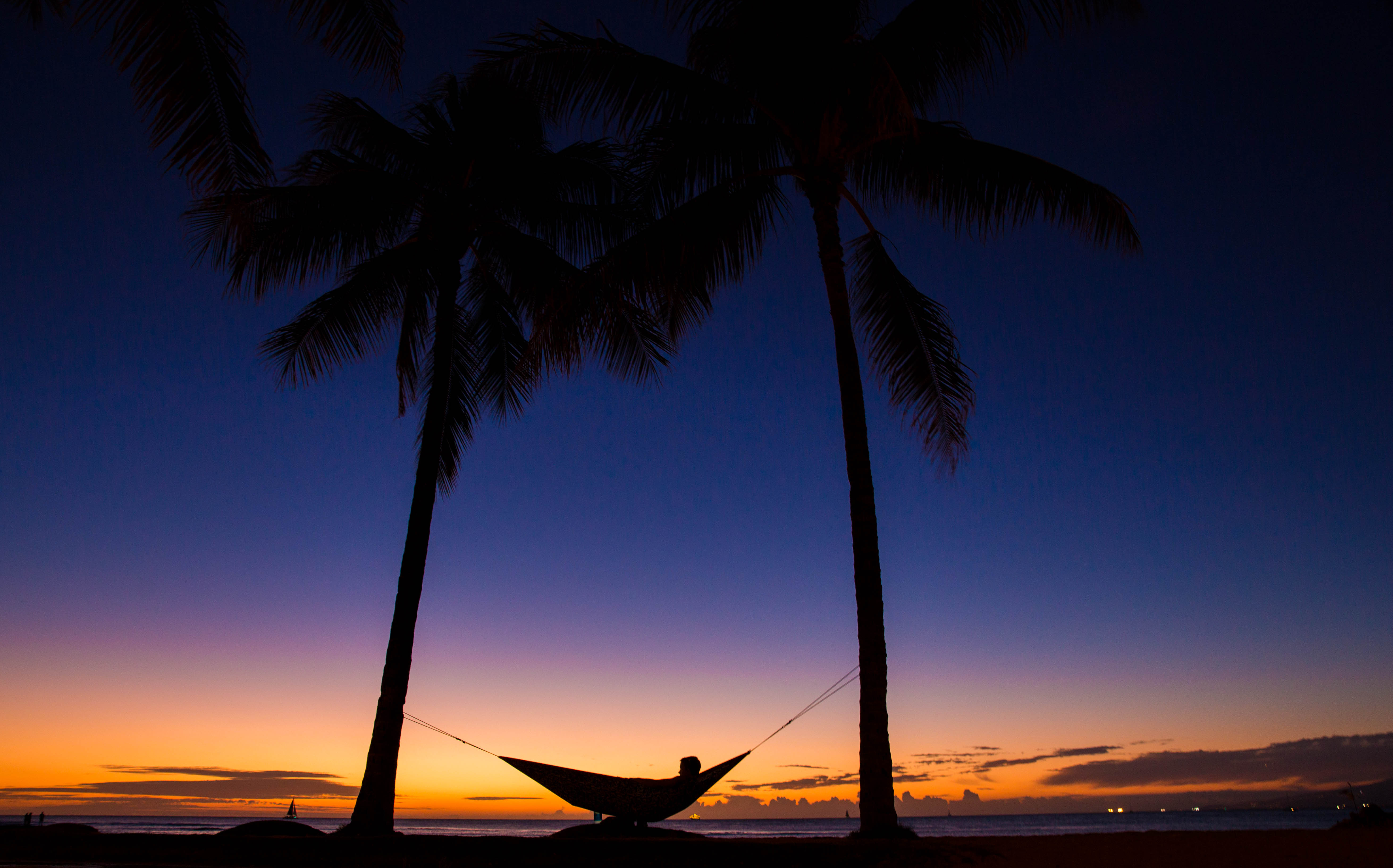 relaxation, dark, night, palms, silhouettes, rest, tropics, hammock Aesthetic wallpaper