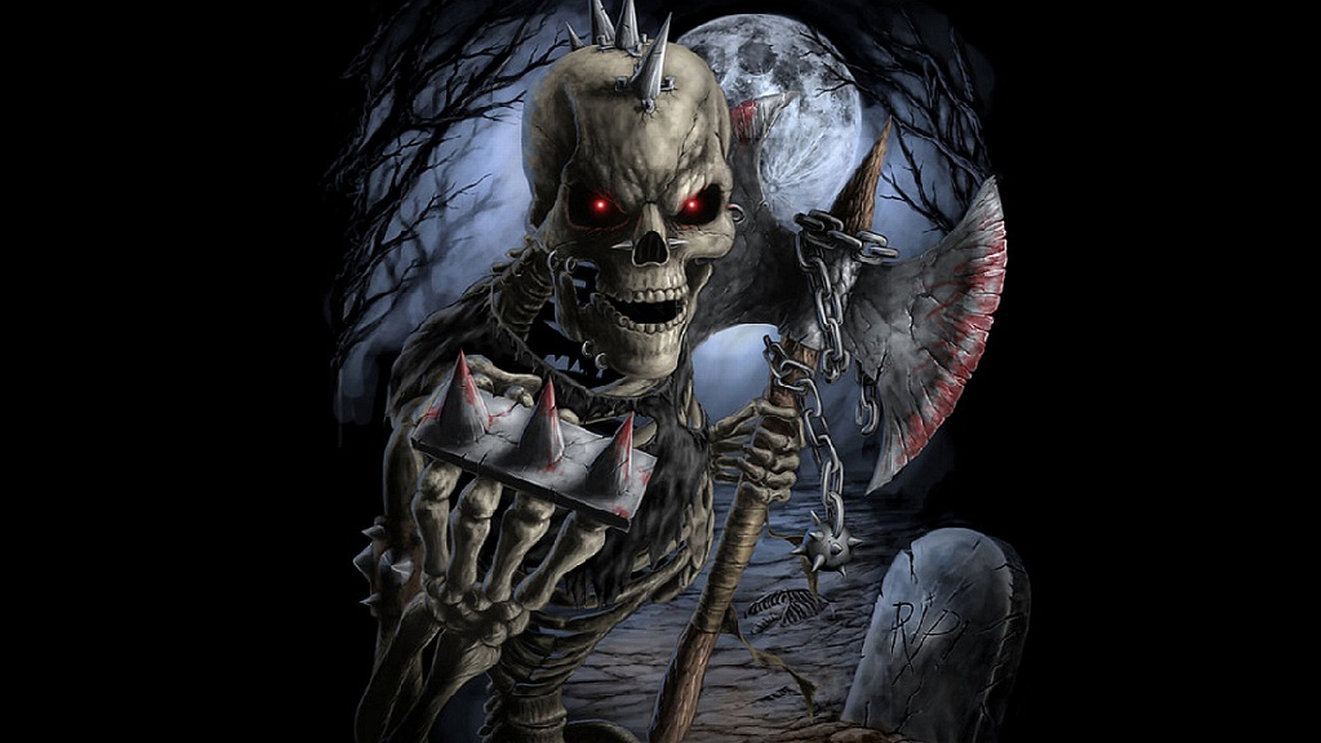 skeleton, dark, moon, warrior, axe, tombstone