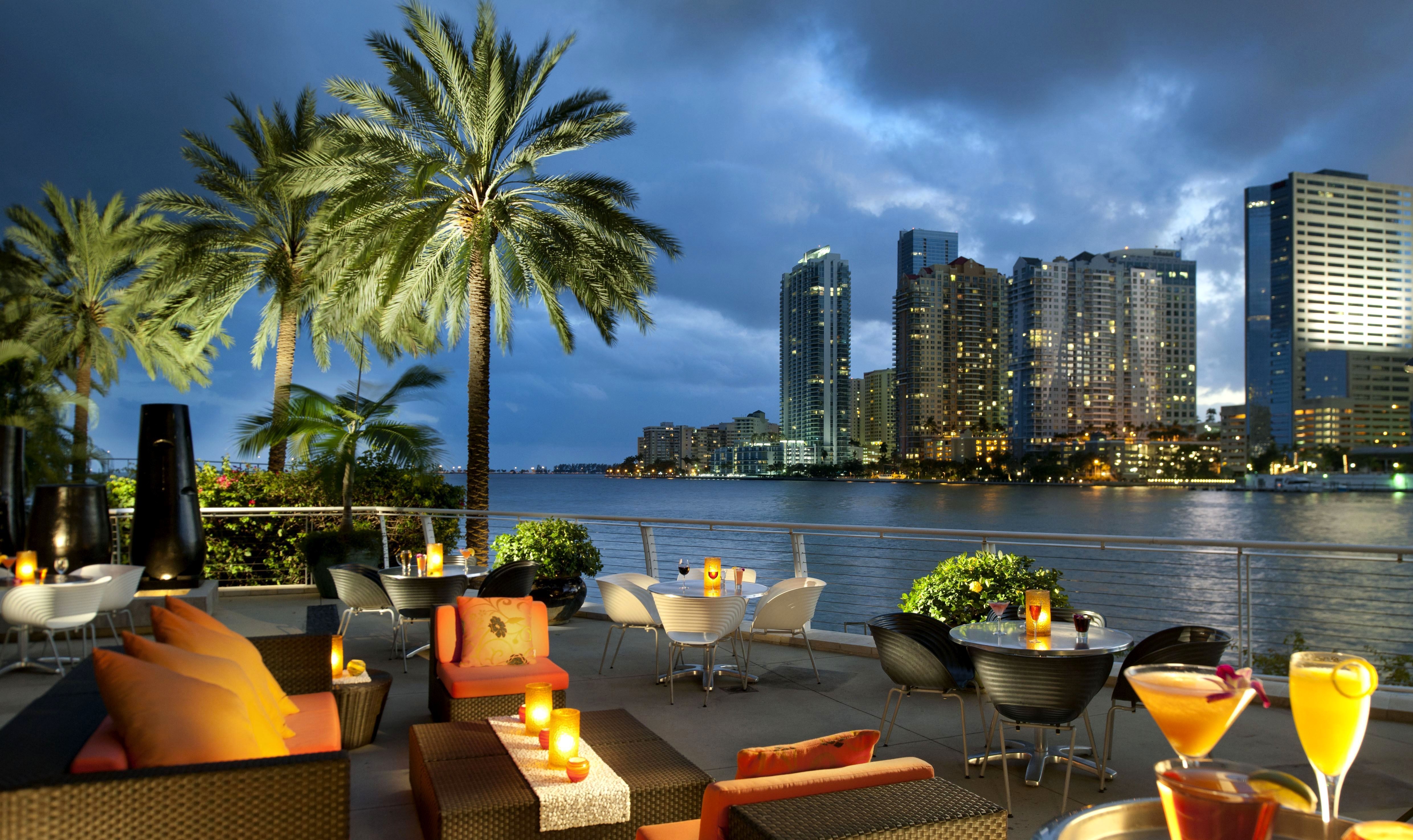 cities, miami, cafe, palms, usa, city, ocean, united states, bay, tables, café, florida, coffee tables download HD wallpaper