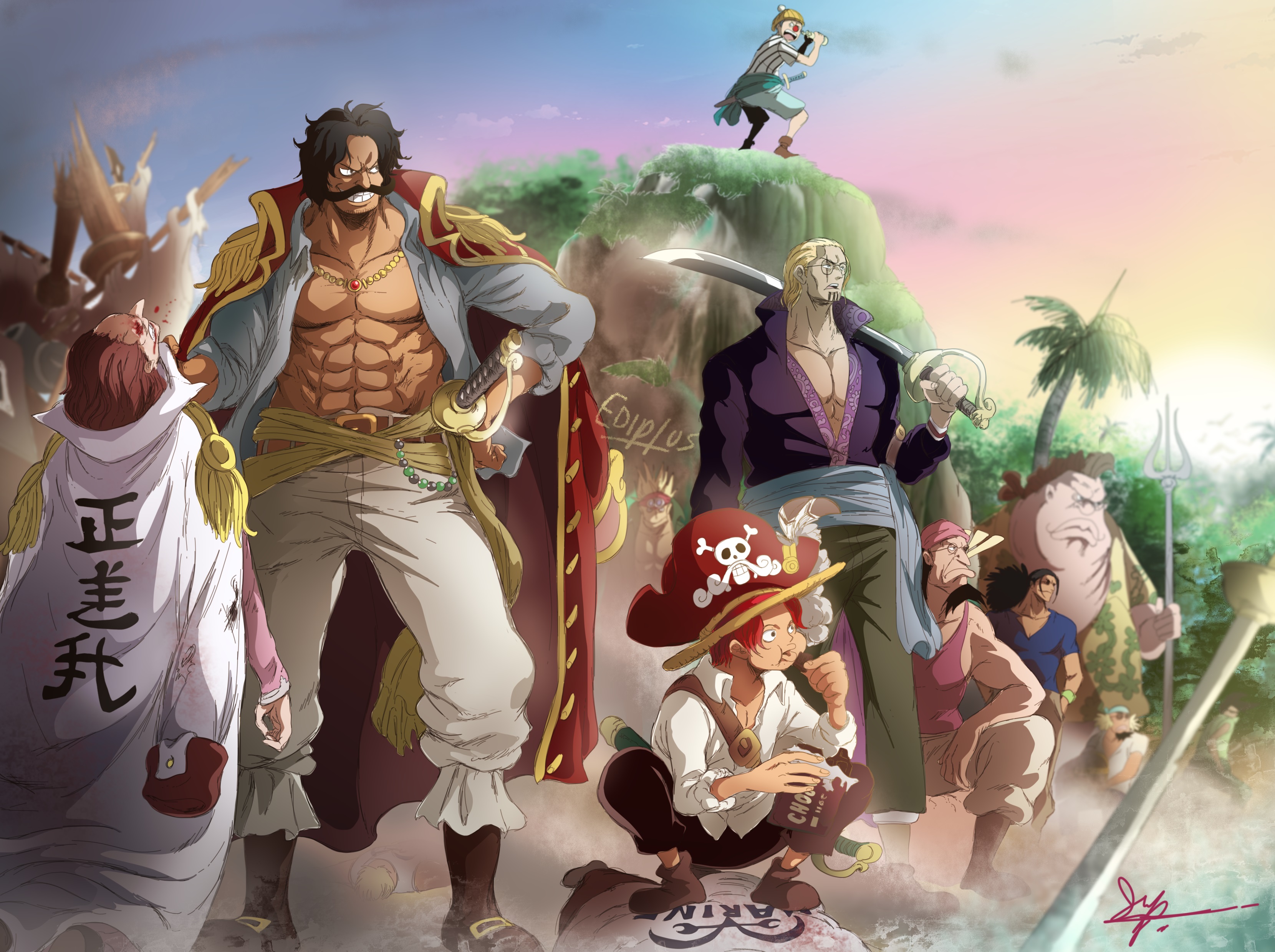 buggy (one piece), shanks (one piece), gol d roger, anime, one piece, crocus (one piece), scopper gaban, seagull (one piece), silvers rayleigh
