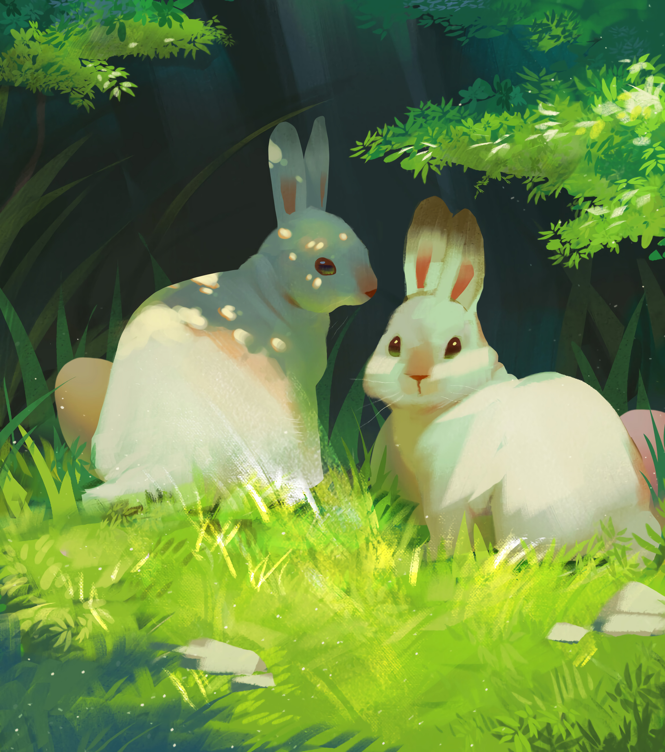 rabbits, animation, grass, art, nice, sweetheart Free Stock Photo