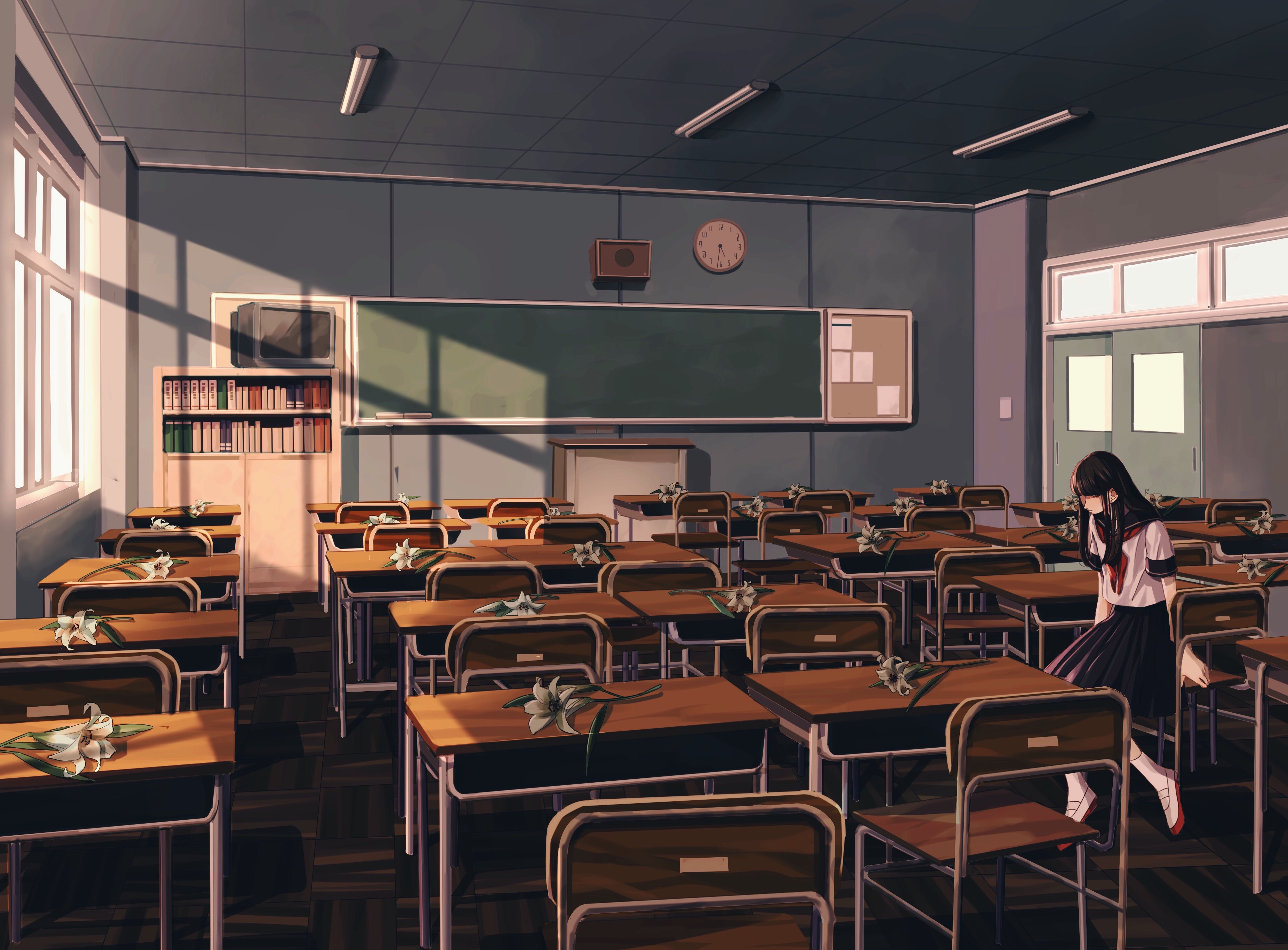 anime, original, black hair, classroom, clock, flower, long hair, television