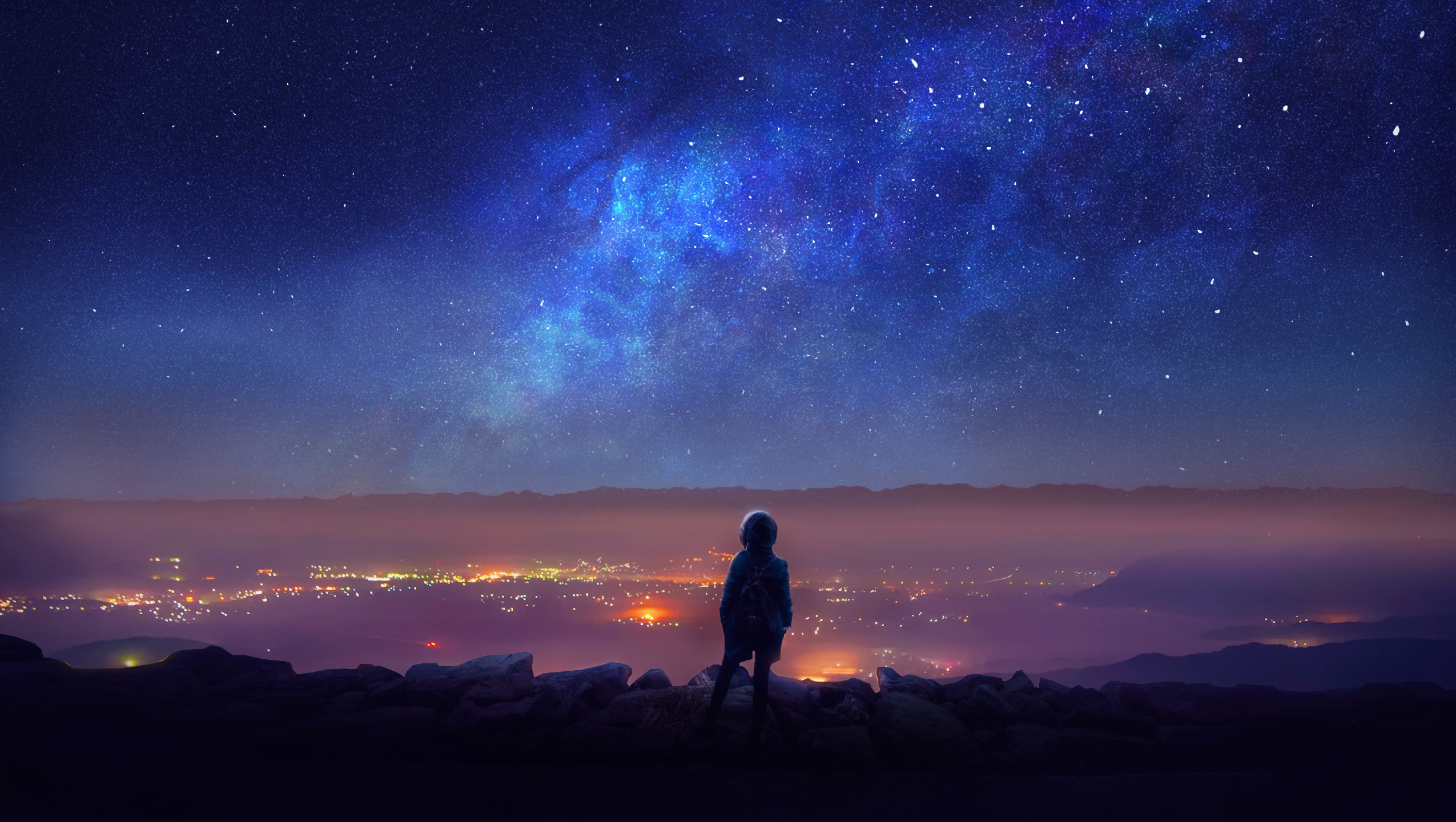 Free download wallpaper Landscape, Fantasy, Stars, Night, Starry Sky, Child on your PC desktop