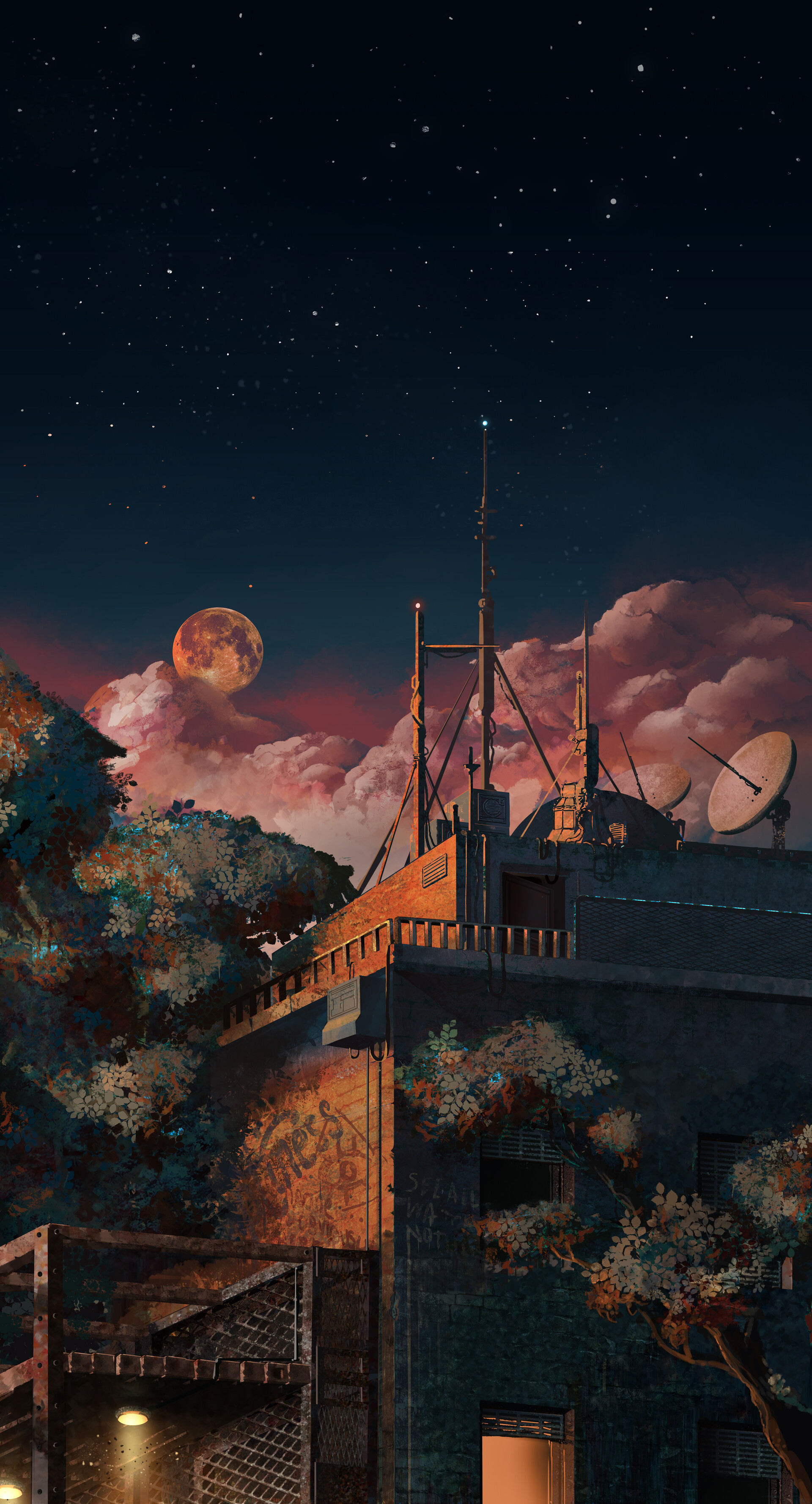 HD wallpaper art, night, building, starry sky, antenna, antennas