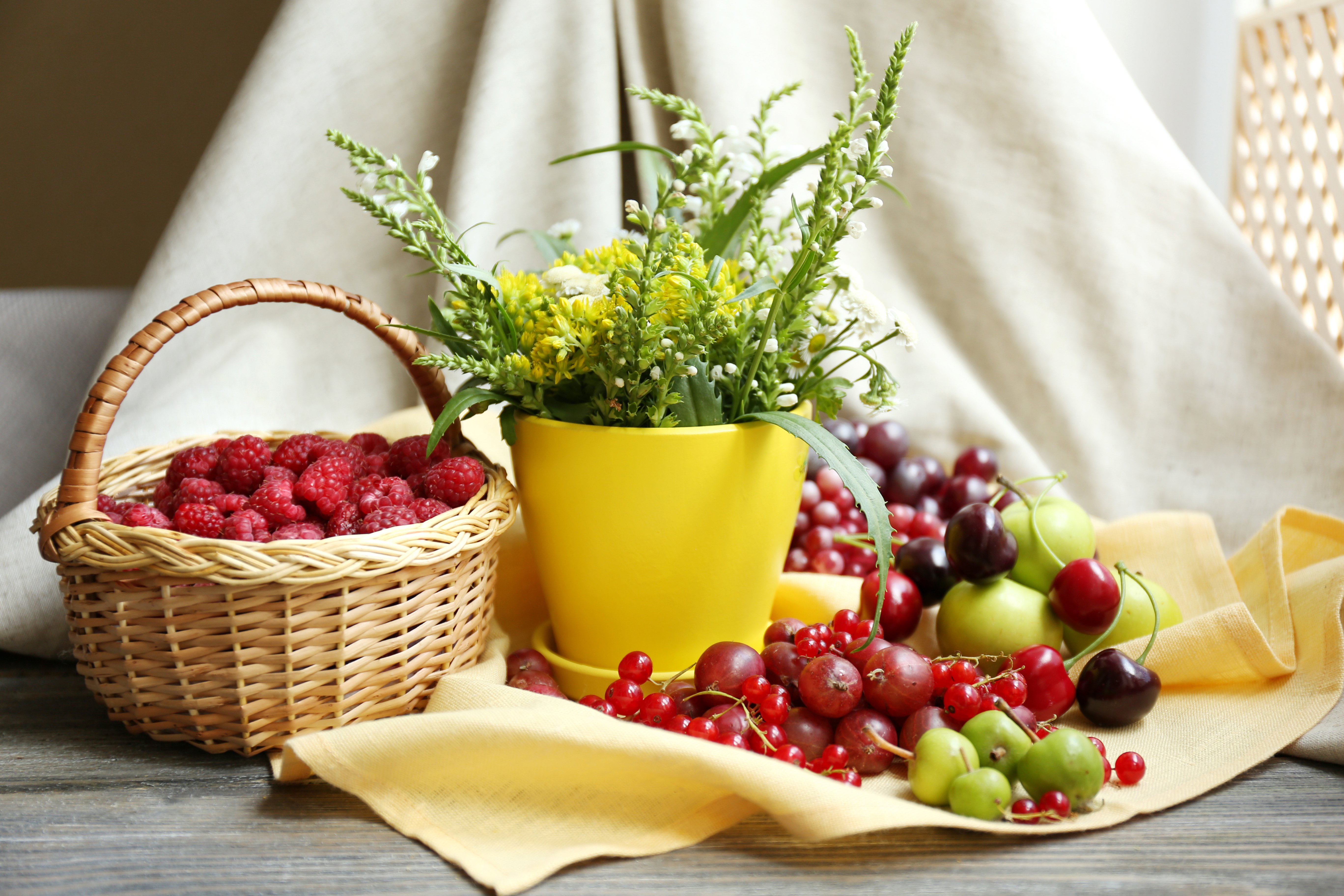 food, still life, basket, berry, cherry, gooseberry, raspberry