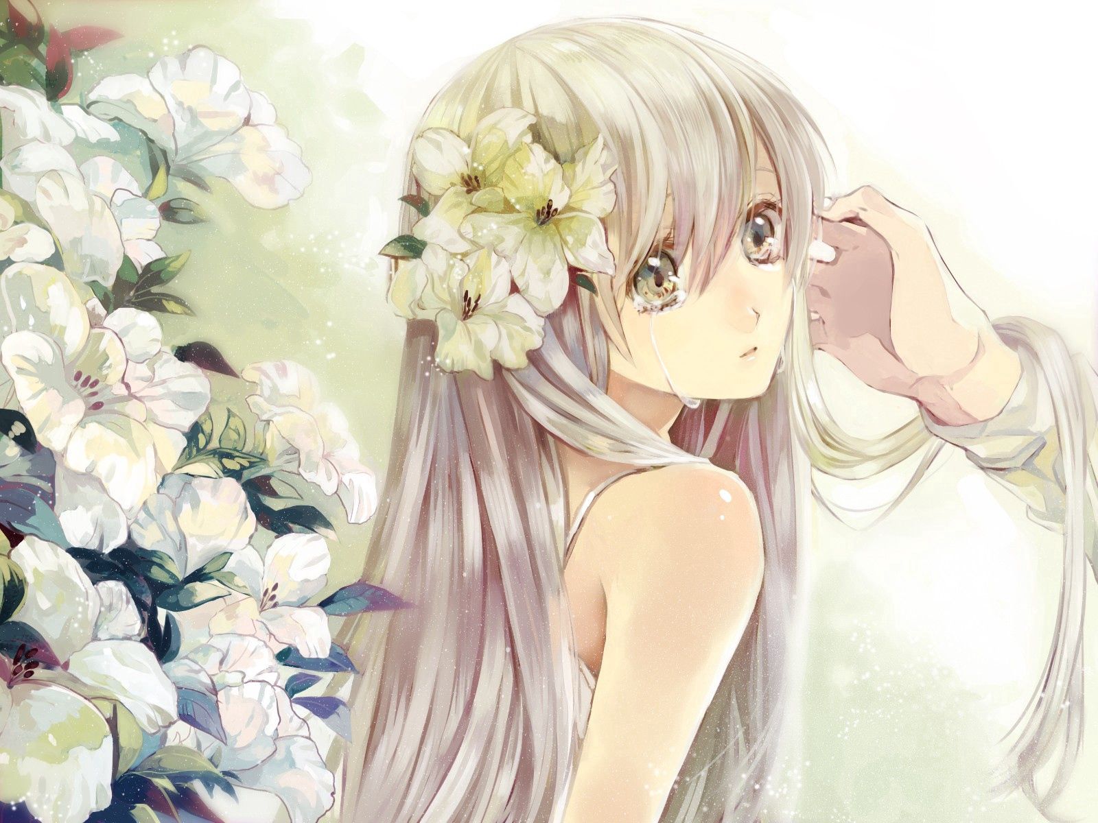 blonde, sadness, anime, flowers, girl, tears HD wallpaper