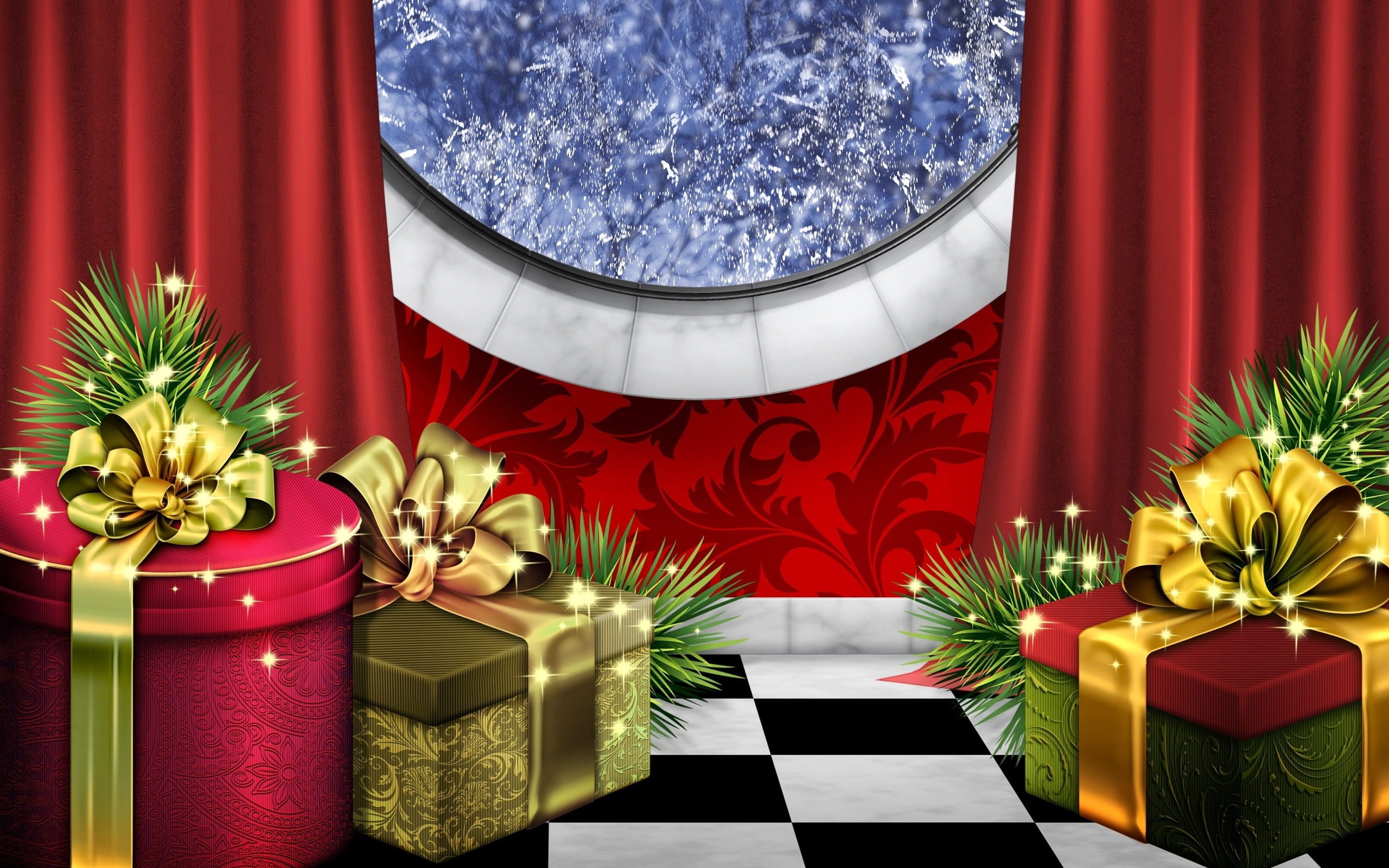 802326壁紙のダウンロードホリデー, クリスマス, カーテン, 贈り物, 輝き, 窓-スクリーンセーバーと写真を無料で