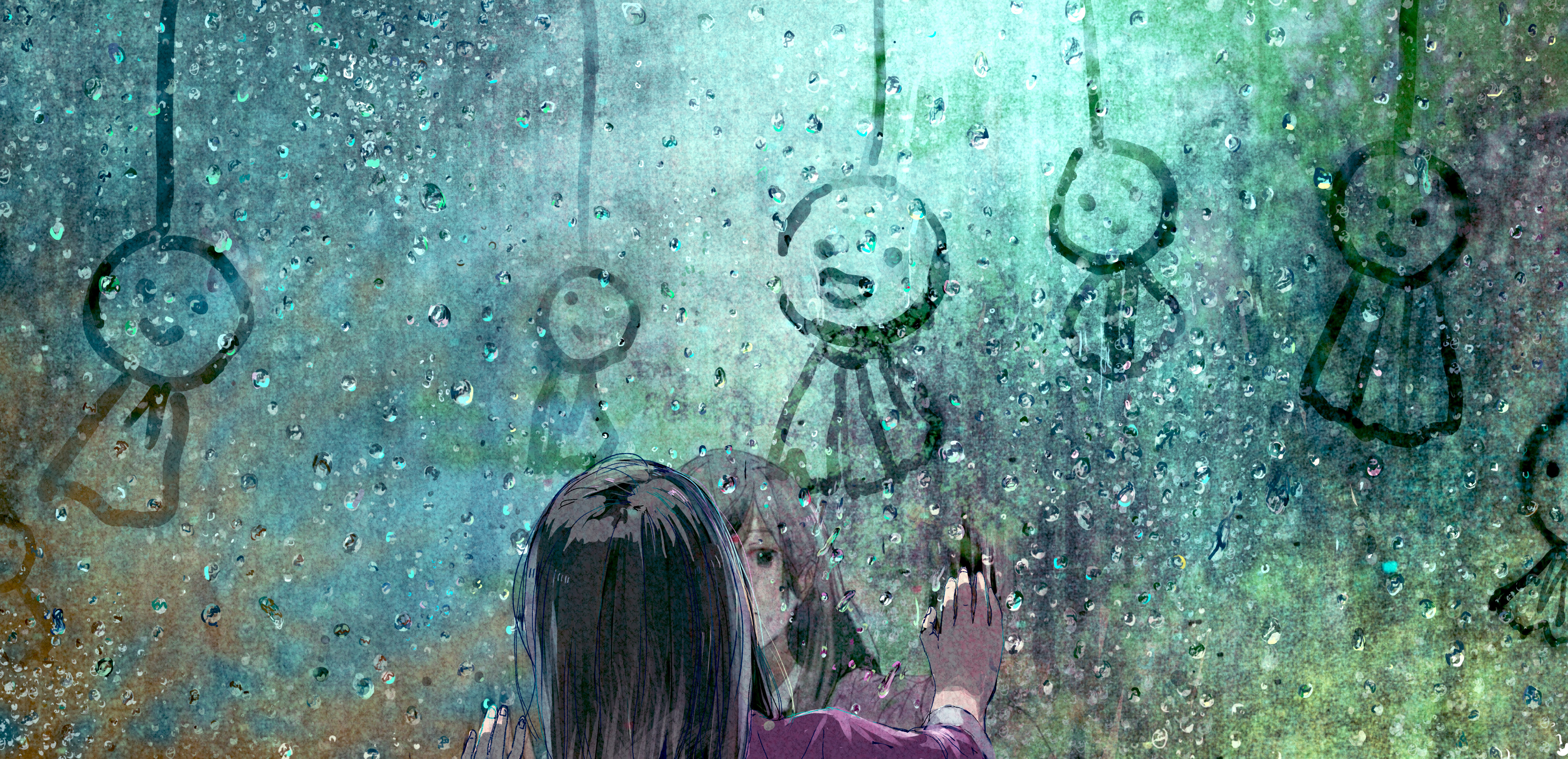 girl, reflection, glass, anime, water drop UHD