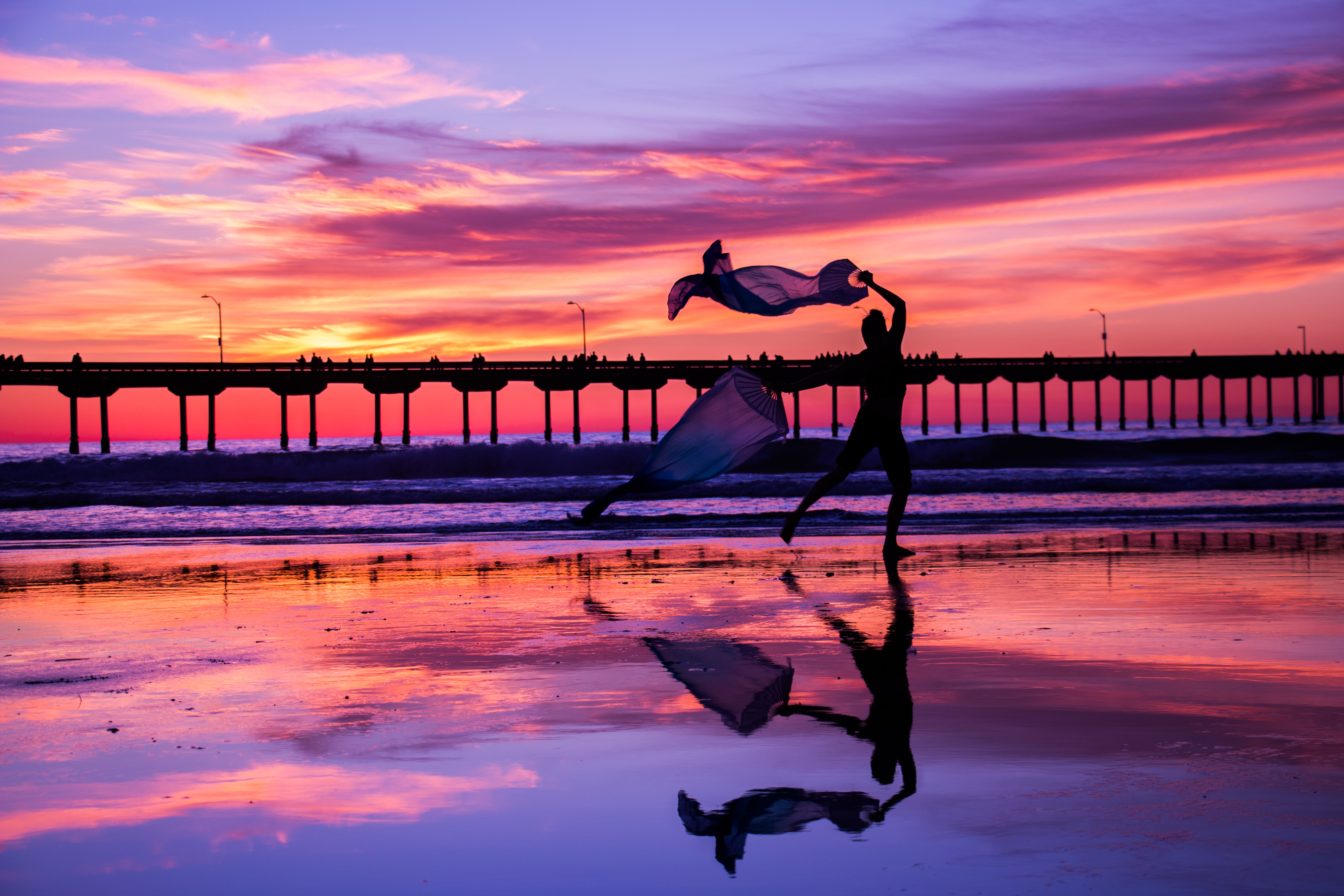 dance, sunset, sea, dark, pier, silhouette High Definition image