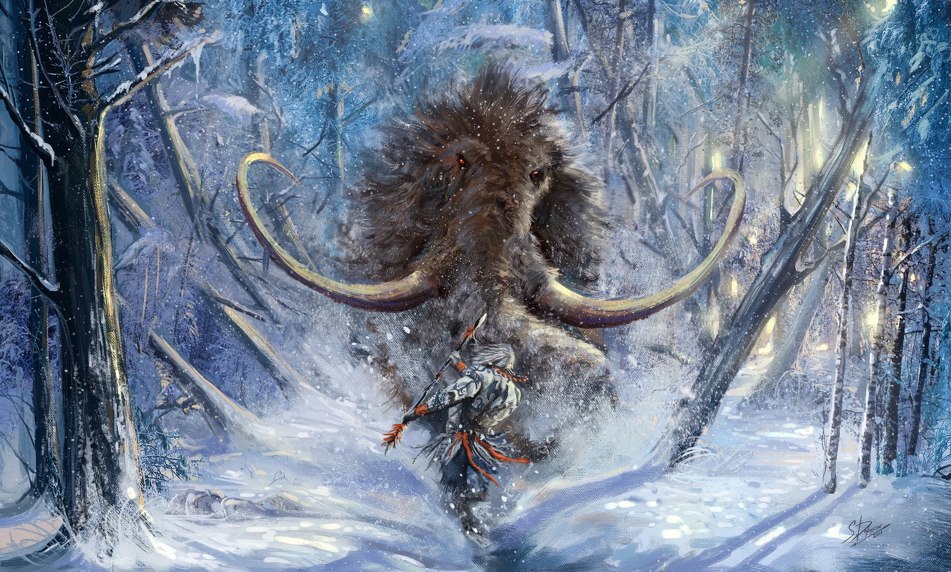 922688 descargar imagen fantasía, guerrero, caza, mamut, nieve, lanza: fondos de pantalla y protectores de pantalla gratis