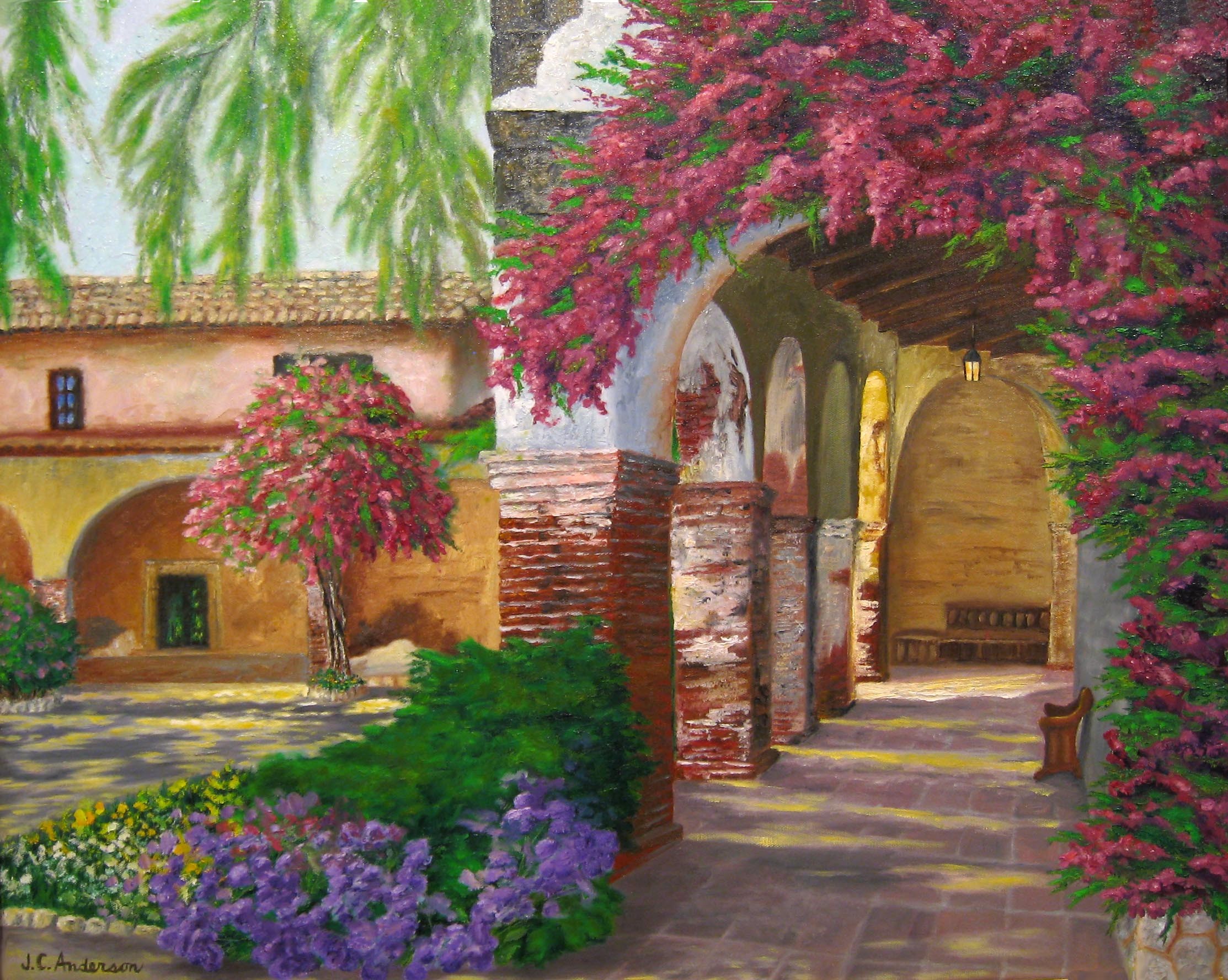 Mobile wallpaper artistic, painting, arch, courtyard, flower, tree