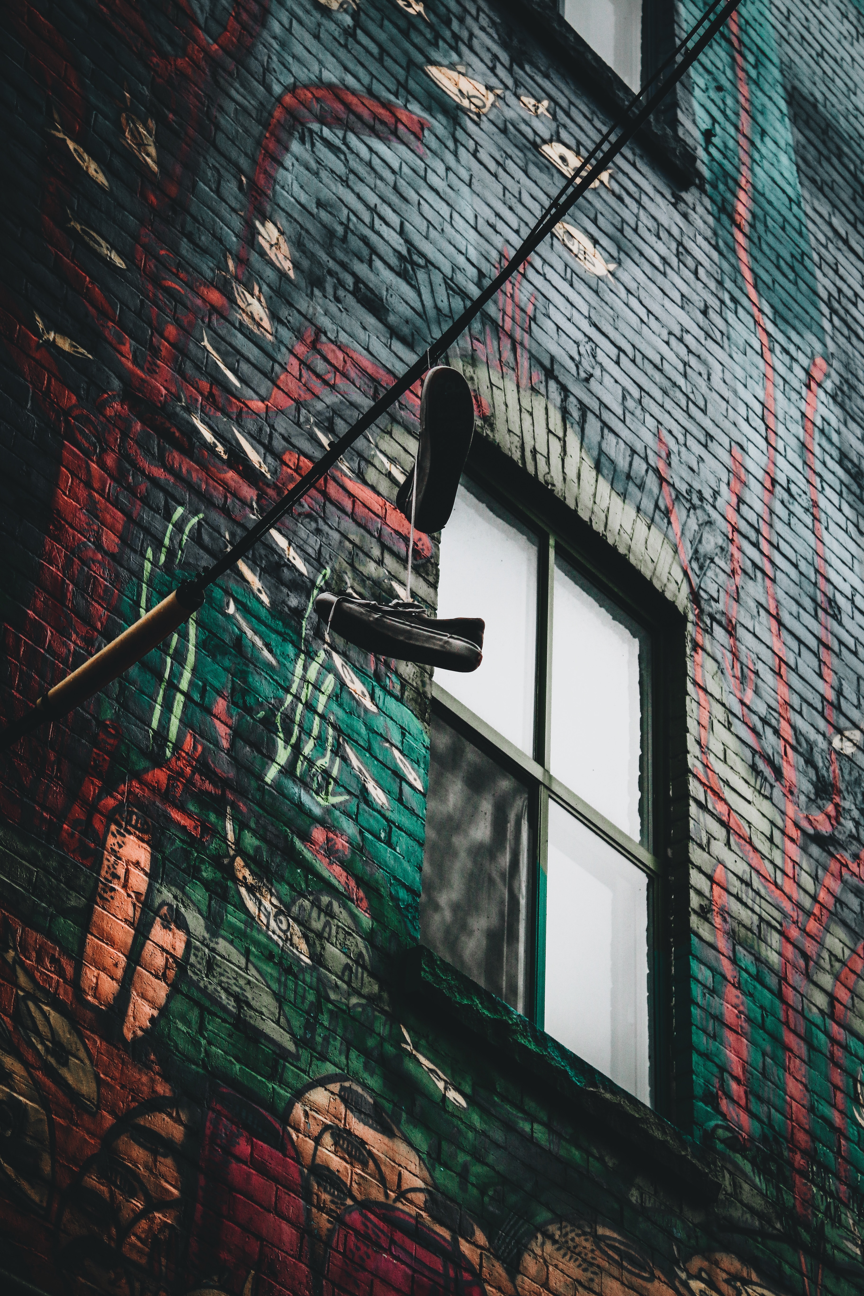 graffiti, shoes, miscellanea, wires, wire, wall, miscellaneous, sneakers, window