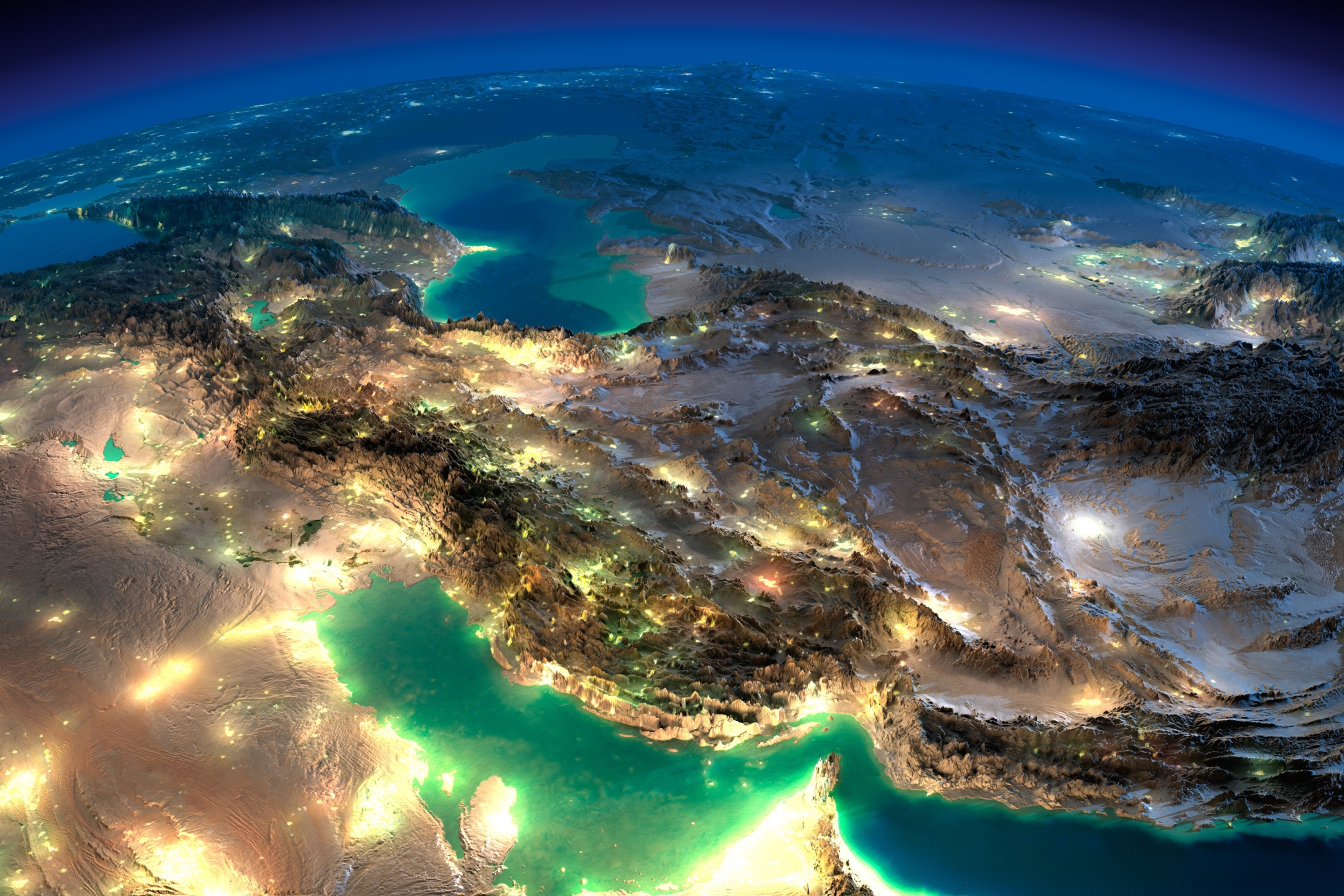 iran, earth, from space, iraq, arabia, persian gulf, caucasus, caspian sea, mountain Panoramic Wallpaper