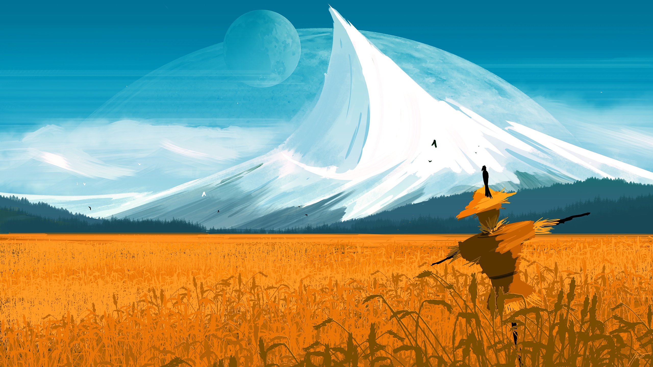 field, sci fi, landscape, mountain, peak, planet, scarecrow