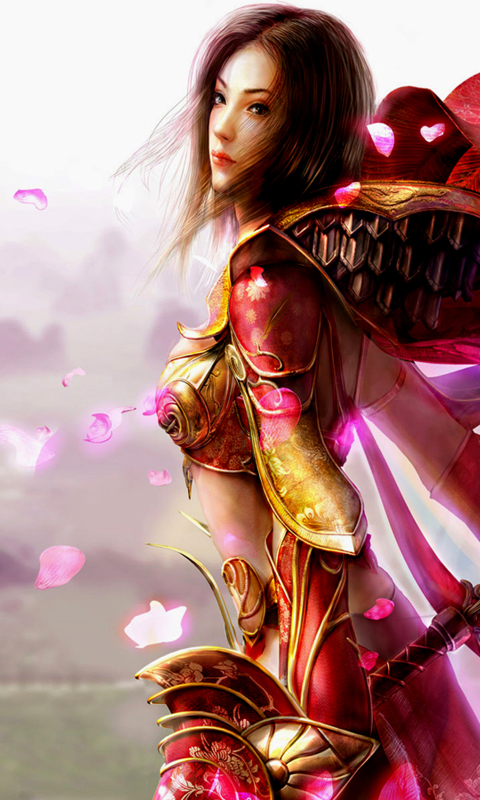 Download mobile wallpaper Warrior, Silk, Armor, Sword, Cloak, Blossom, Video Game, Legend Of Mir for free.