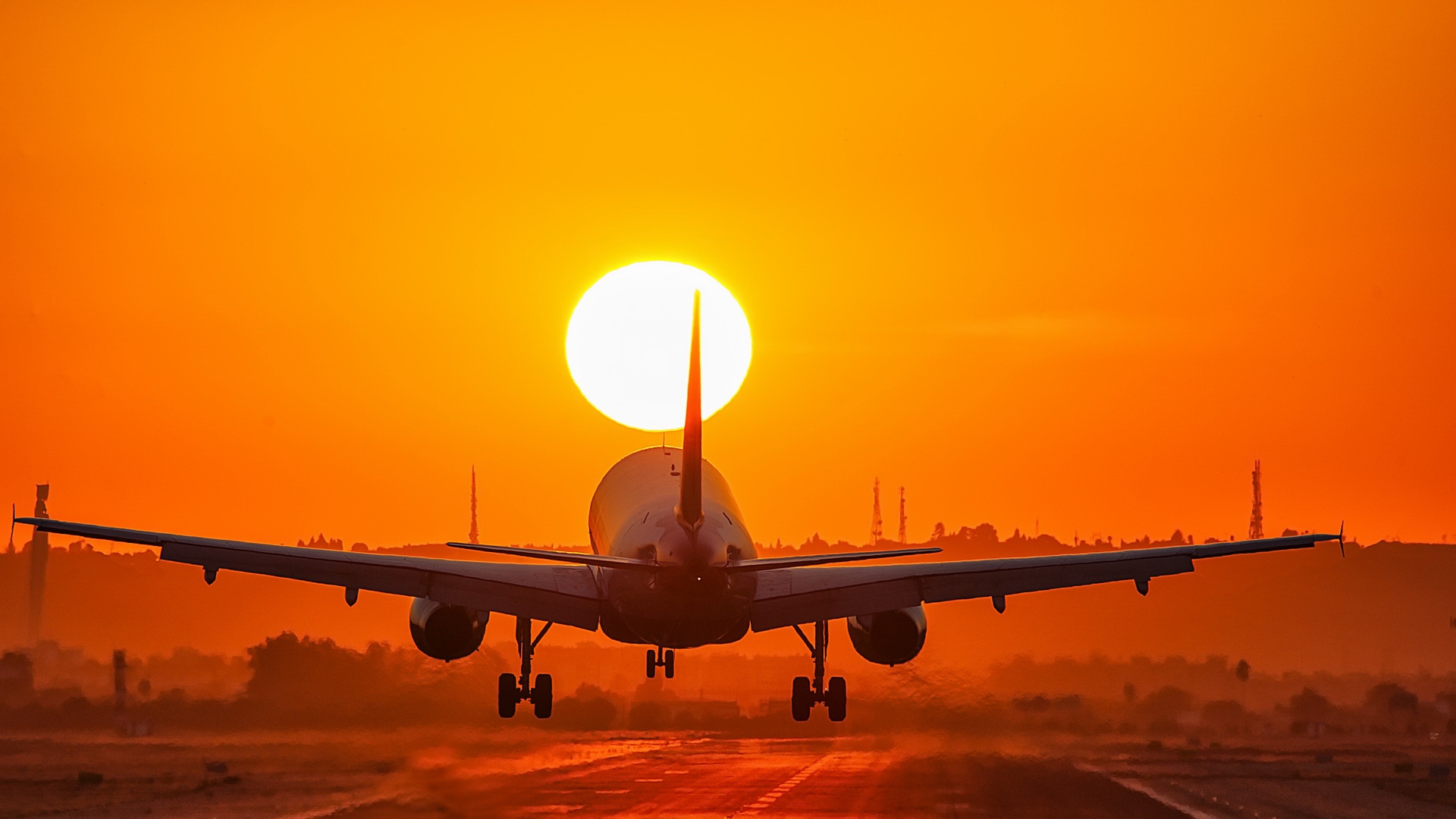 passenger plane, sun, sunset, vehicles, aircraft, orange (color)