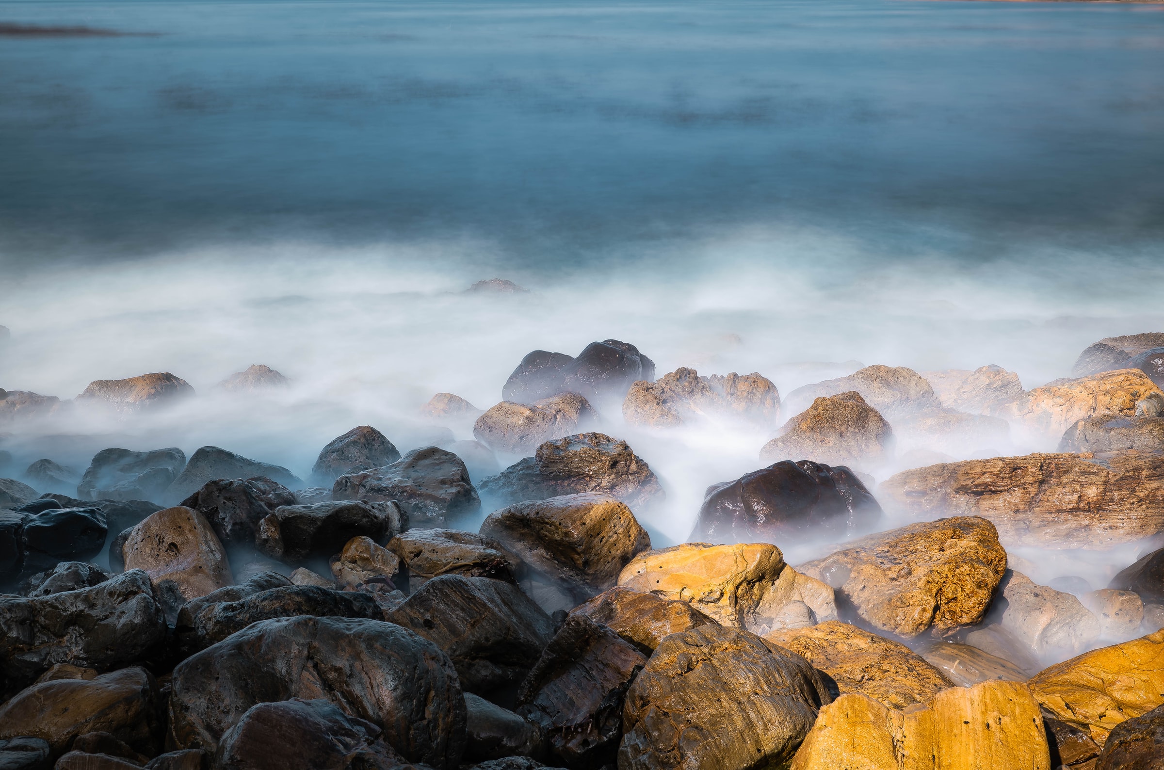 stones, rocks, nature, sea, fog phone background